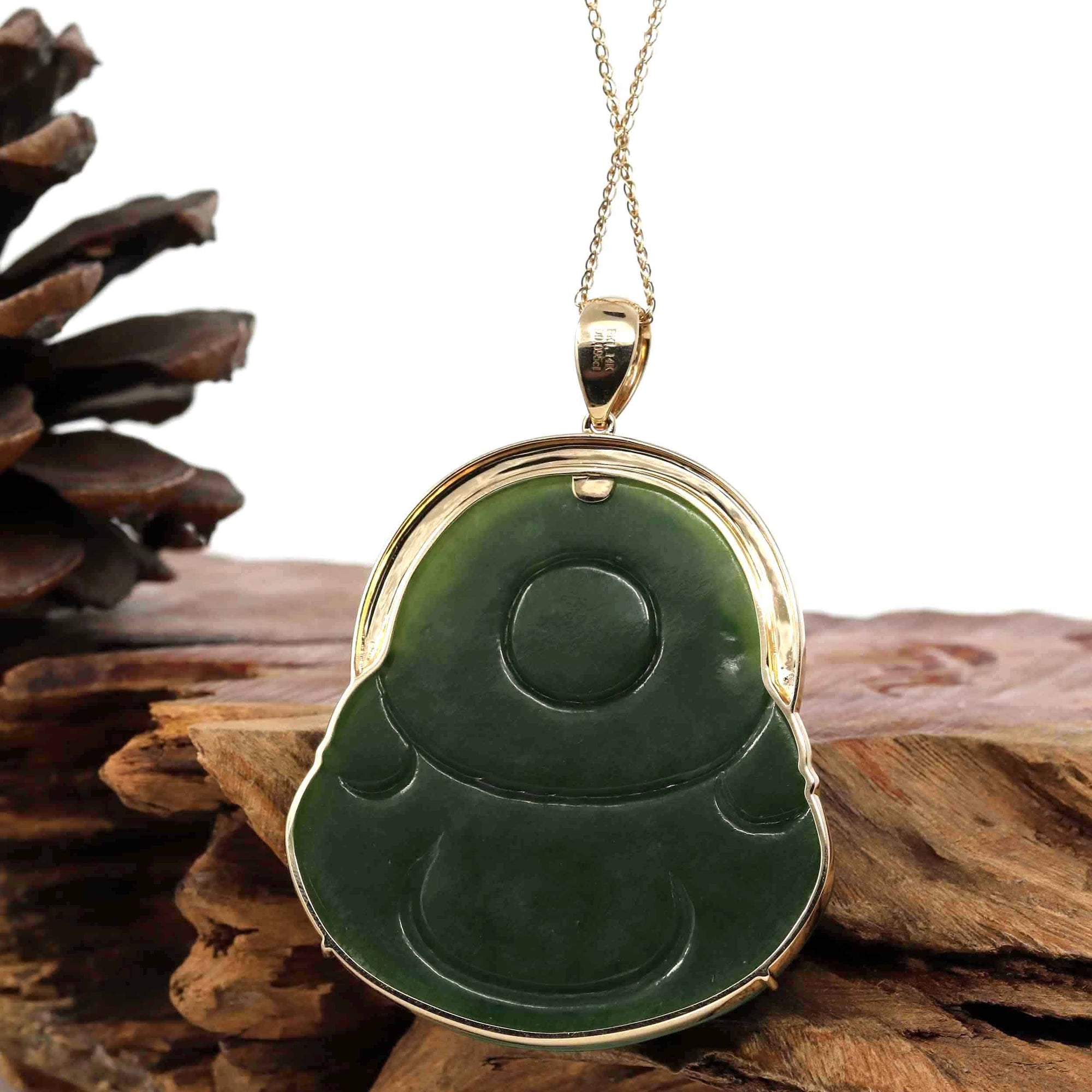 Baikalla Jewelry Gold Jade Buddha Pendant Only Baikalla™ &quot;Laughing Buddha&quot; Large 18k Yellow Gold Genuine Nephrite Green Jade with Diamonds Buddha Pendant Necklace High-end Collectable