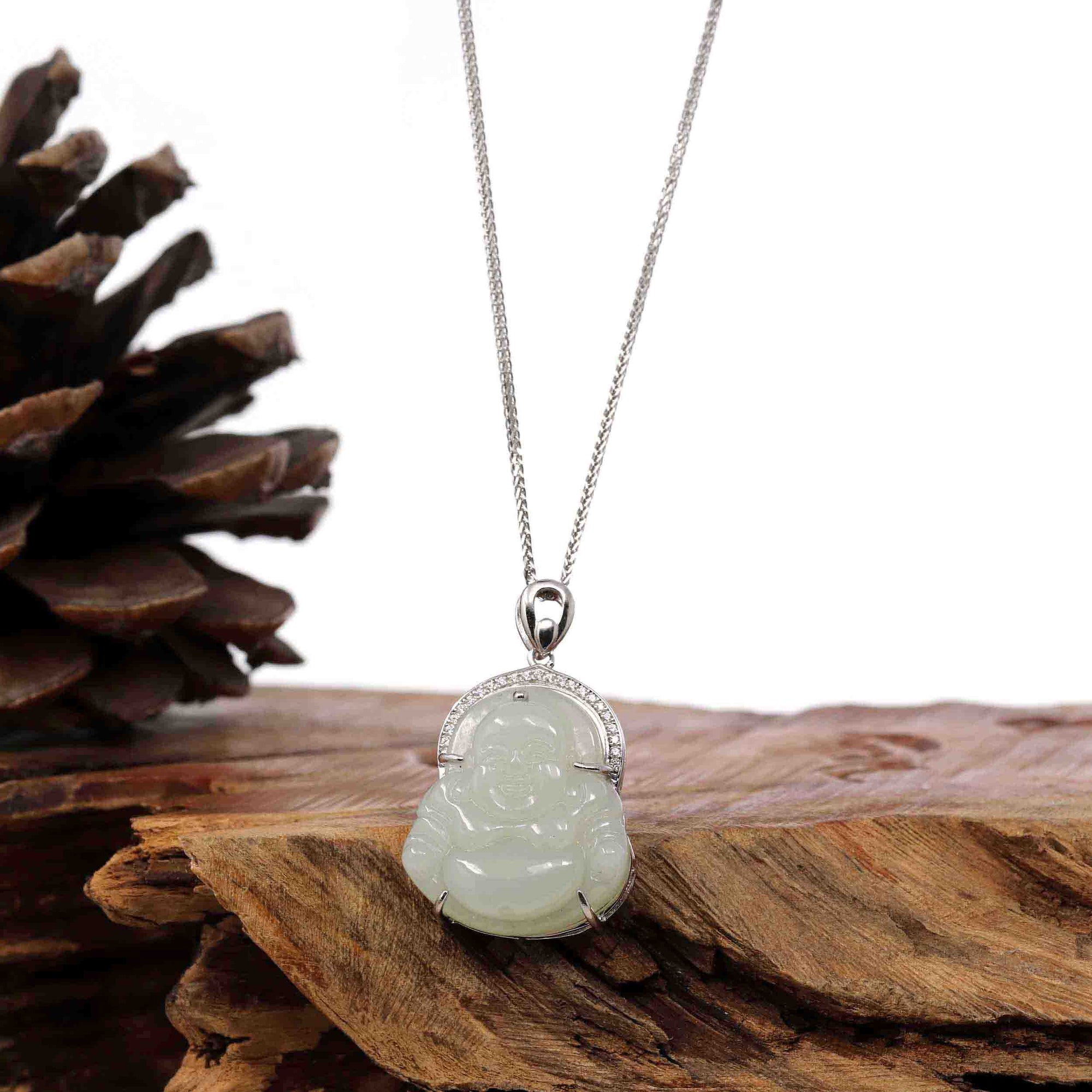 Baikalla Jewelry Jade Pendant Baikalla™ "Laughing Buddha" Genuine Nephrite White Jade Buddha Pendant Necklace