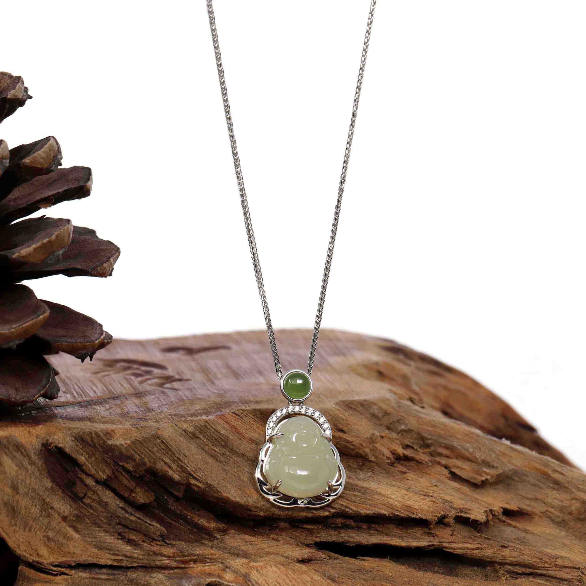 Baikalla Jewelry Jade Pendant Baikalla™ "Laughing Buddha" Genuine Nephrite White Jade Buddha Pendant Necklace