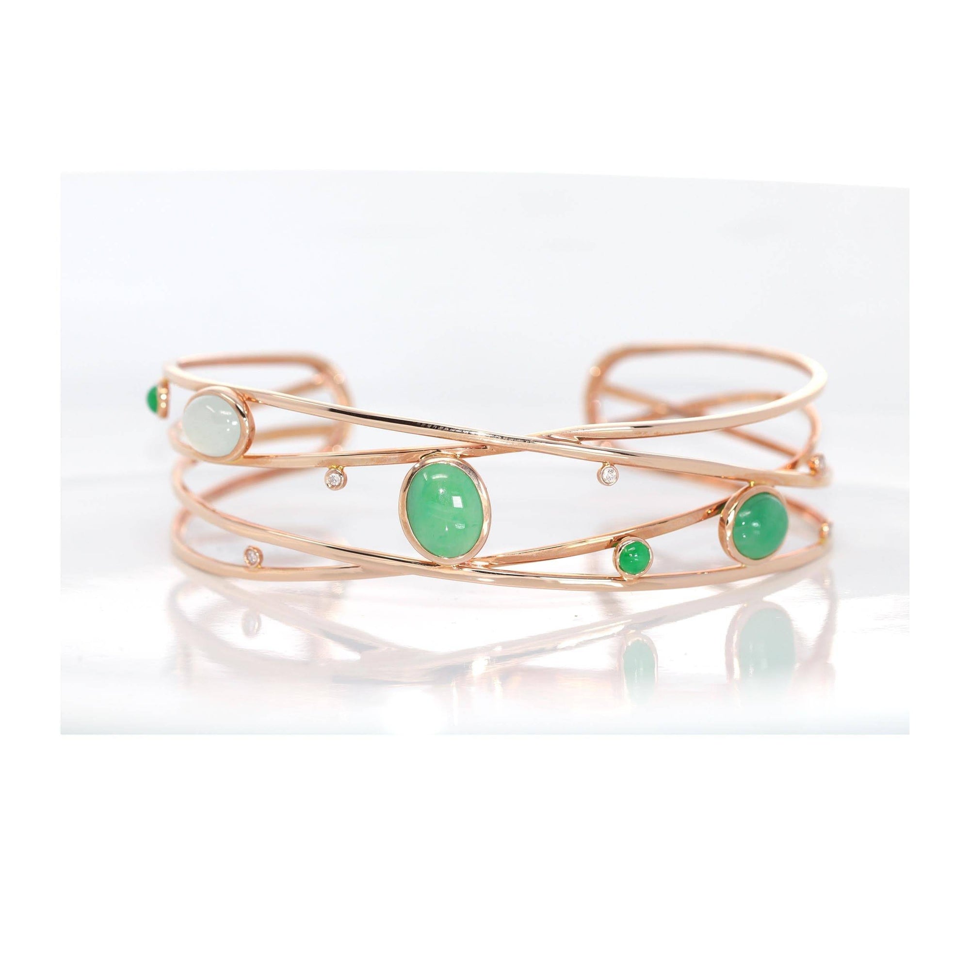 Baikalla Jewelry Gold Jade Bracelet 18k Rose Gold Oval Bracelet Bangle with Jadeite Jade &amp; Diamonds