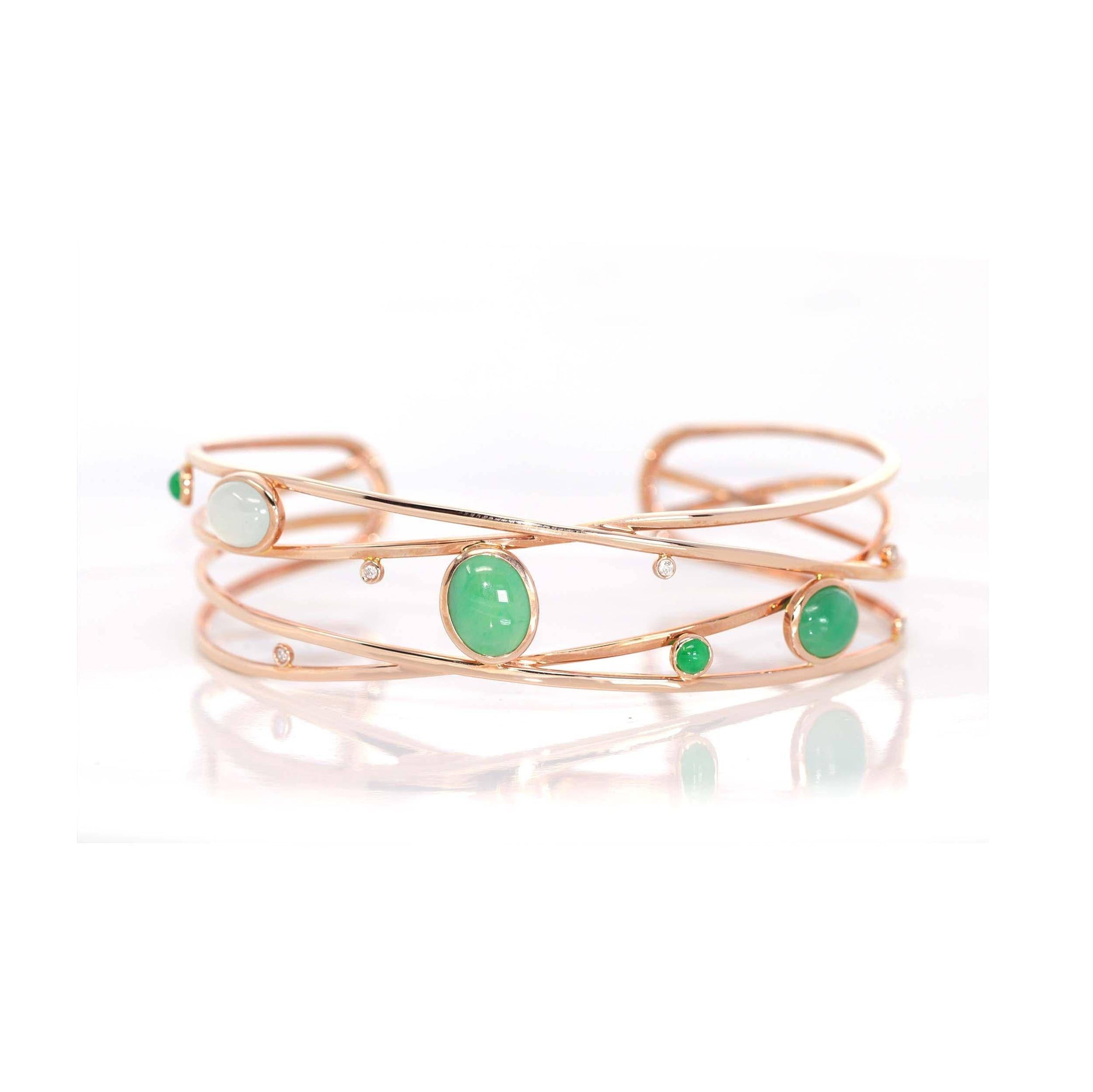 Baikalla Jewelry Gold Jade Bracelet 18k Rose Gold Oval Bracelet Bangle with Jadeite Jade & Diamonds