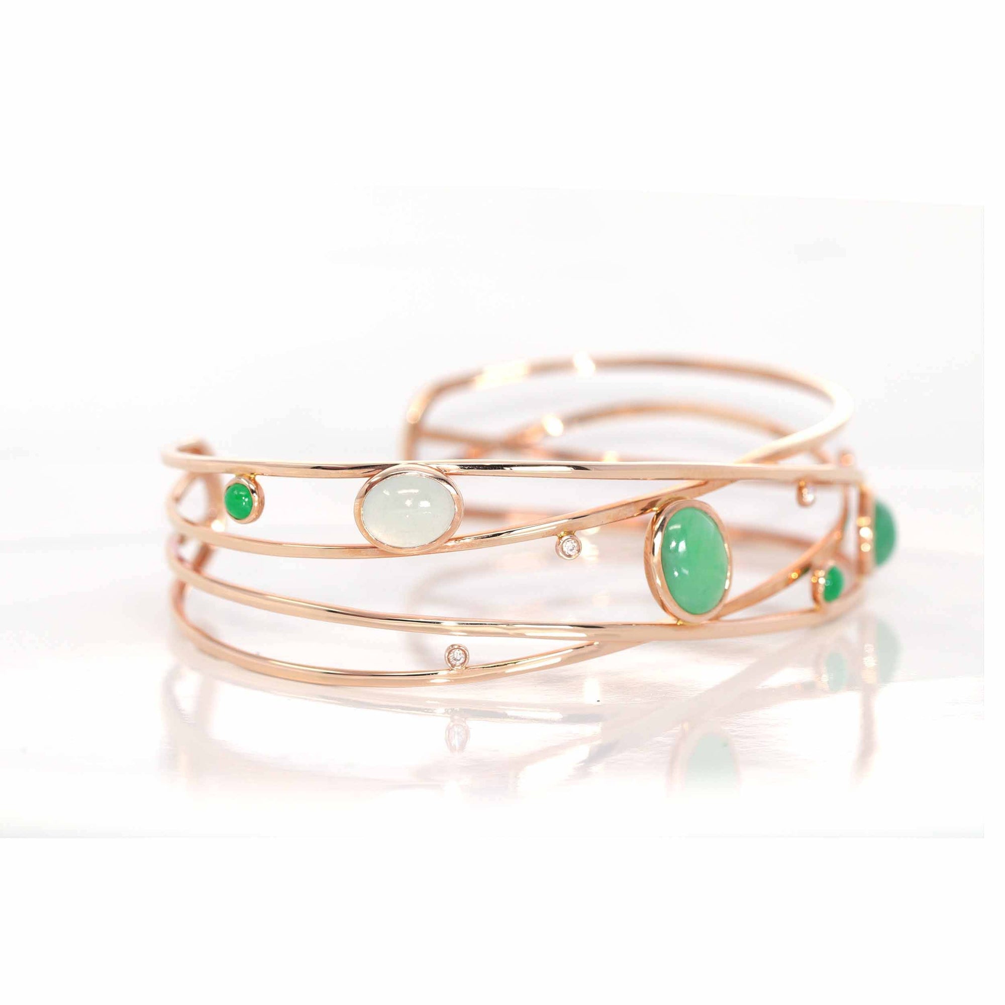 Baikalla Jewelry Gold Jade Bracelet 18k Rose Gold Oval Bracelet Bangle with Jadeite Jade &amp; Diamonds