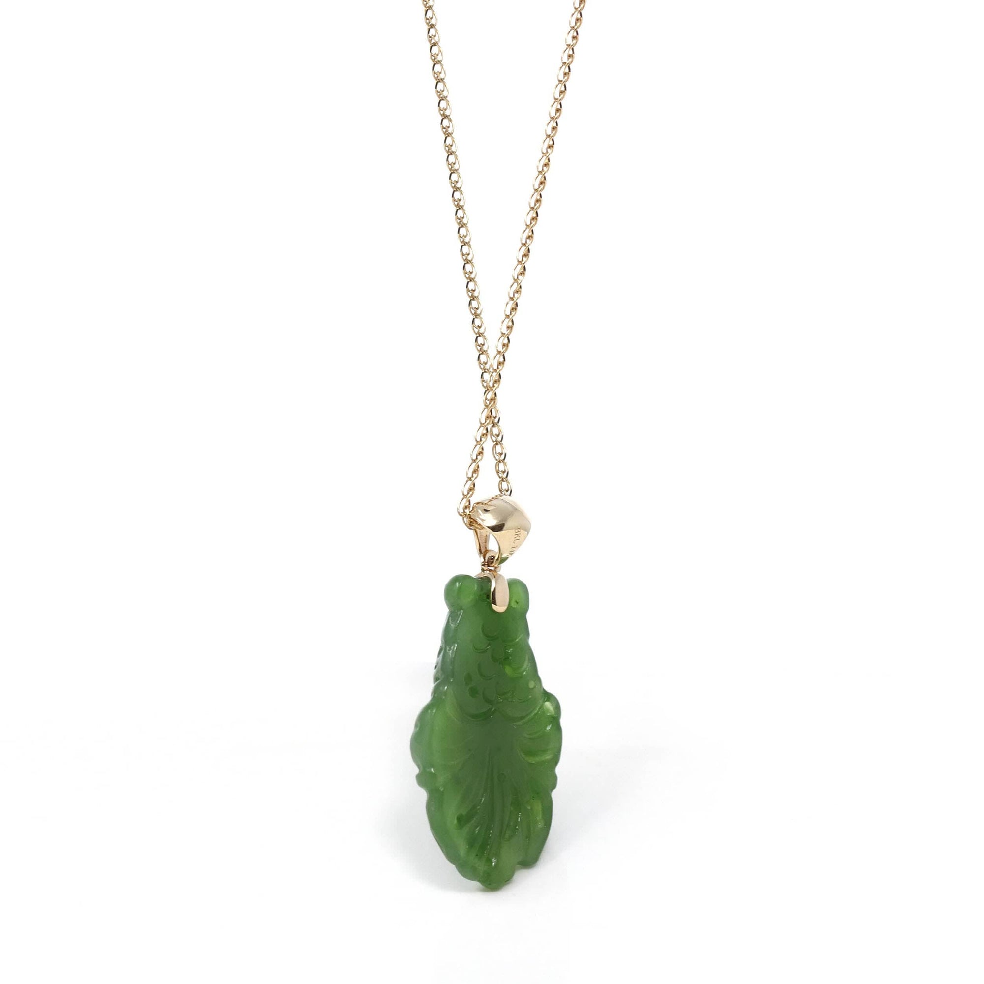 Baikalla Jewelry Gold Jade Necklace Baikalla™ : " Gold Fish " 18k Yellow Gold Genuine Nephrite Green Jade Pendant Necklace