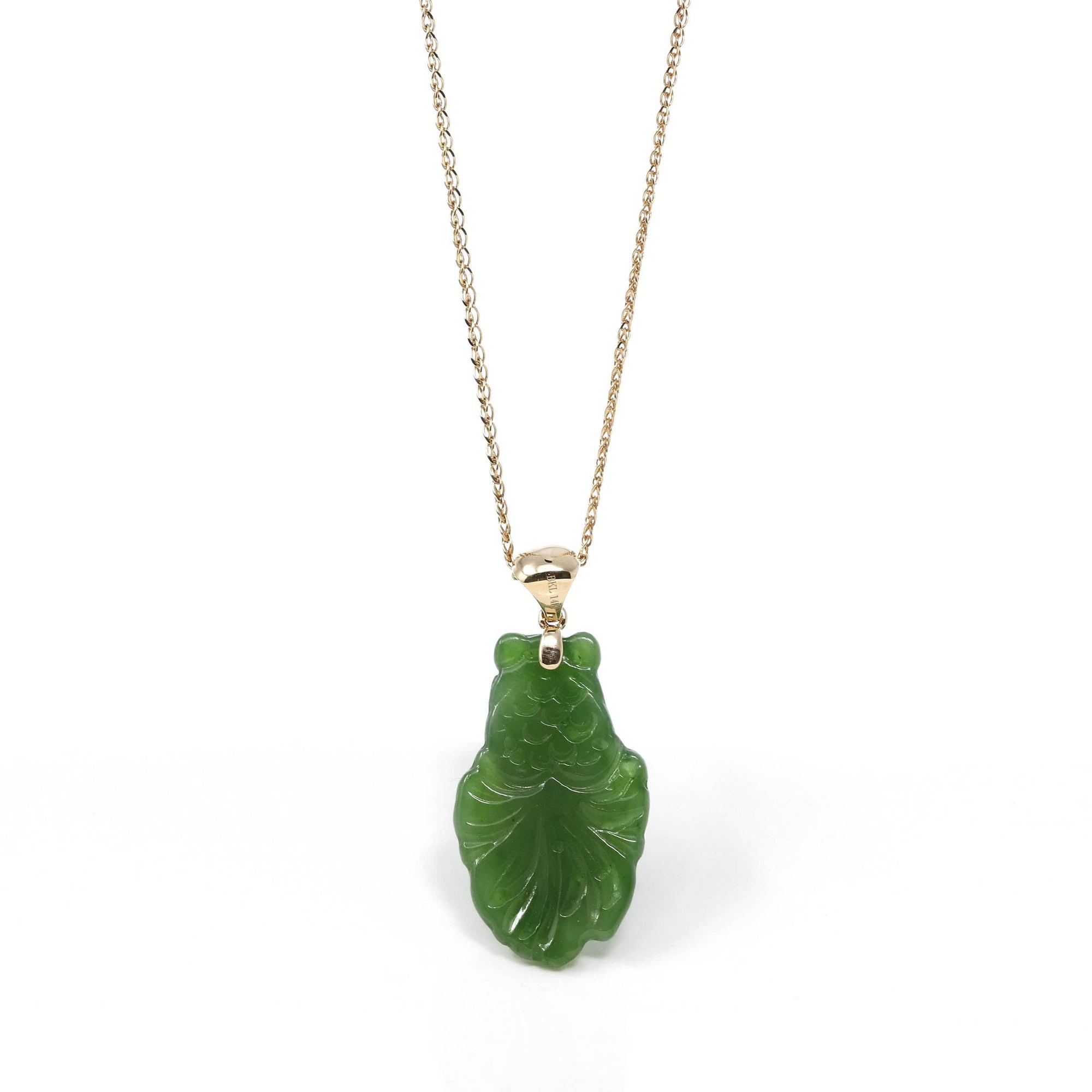 Baikalla Jewelry Gold Jade Necklace Baikalla™ : &quot; Gold Fish &quot; 18k Yellow Gold Genuine Nephrite Green Jade Pendant Necklace