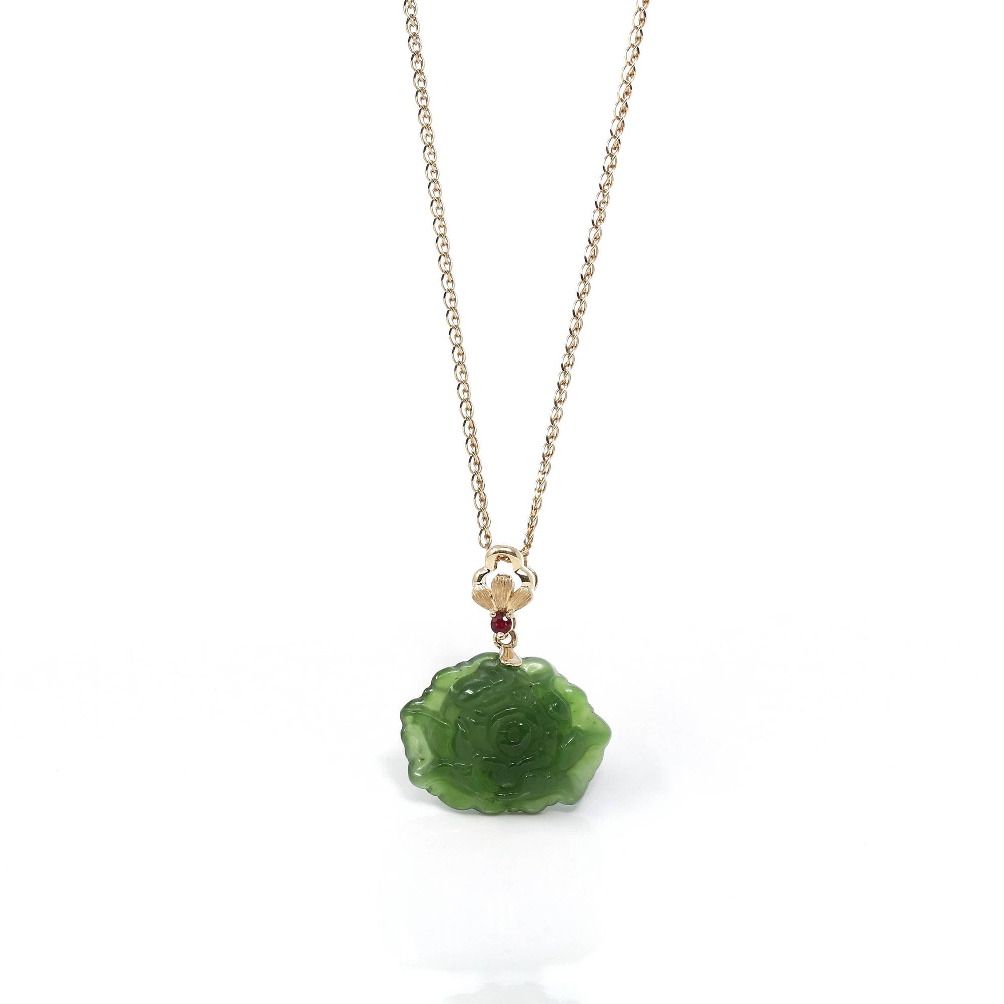 Baikalla Jewelry Gold Jade Necklace Pendant Only / 14K Yellow Gold Baikalla™ : &quot; Peony Flower &quot; 18k Yellow Gold Genuine Nephrite Green Jade Pendant Necklace