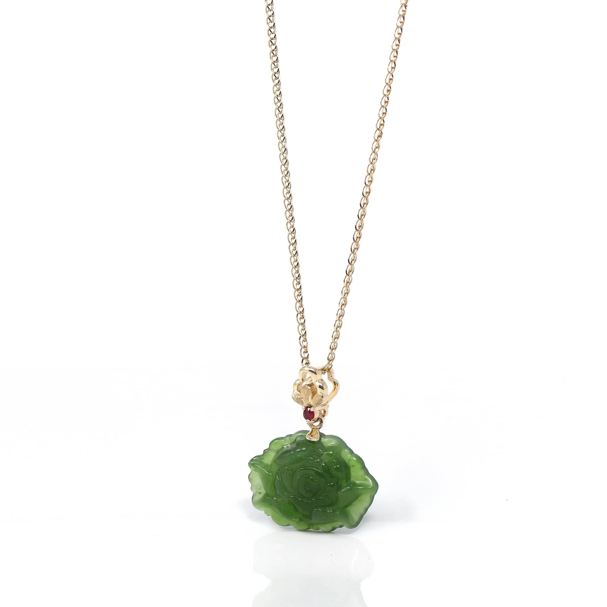 Baikalla Jewelry Gold Jade Necklace Baikalla™ : " Peony Flower " 18k Yellow Gold Genuine Nephrite Green Jade Pendant Necklace