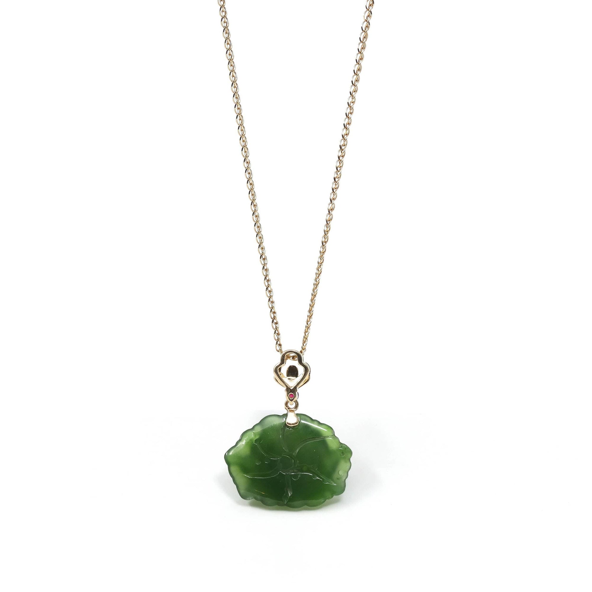 Baikalla Jewelry Gold Jade Necklace Pendant Only / 14K White Gold Baikalla™ : " Peony Flower " 18k Yellow Gold Genuine Nephrite Green Jade Pendant Necklace