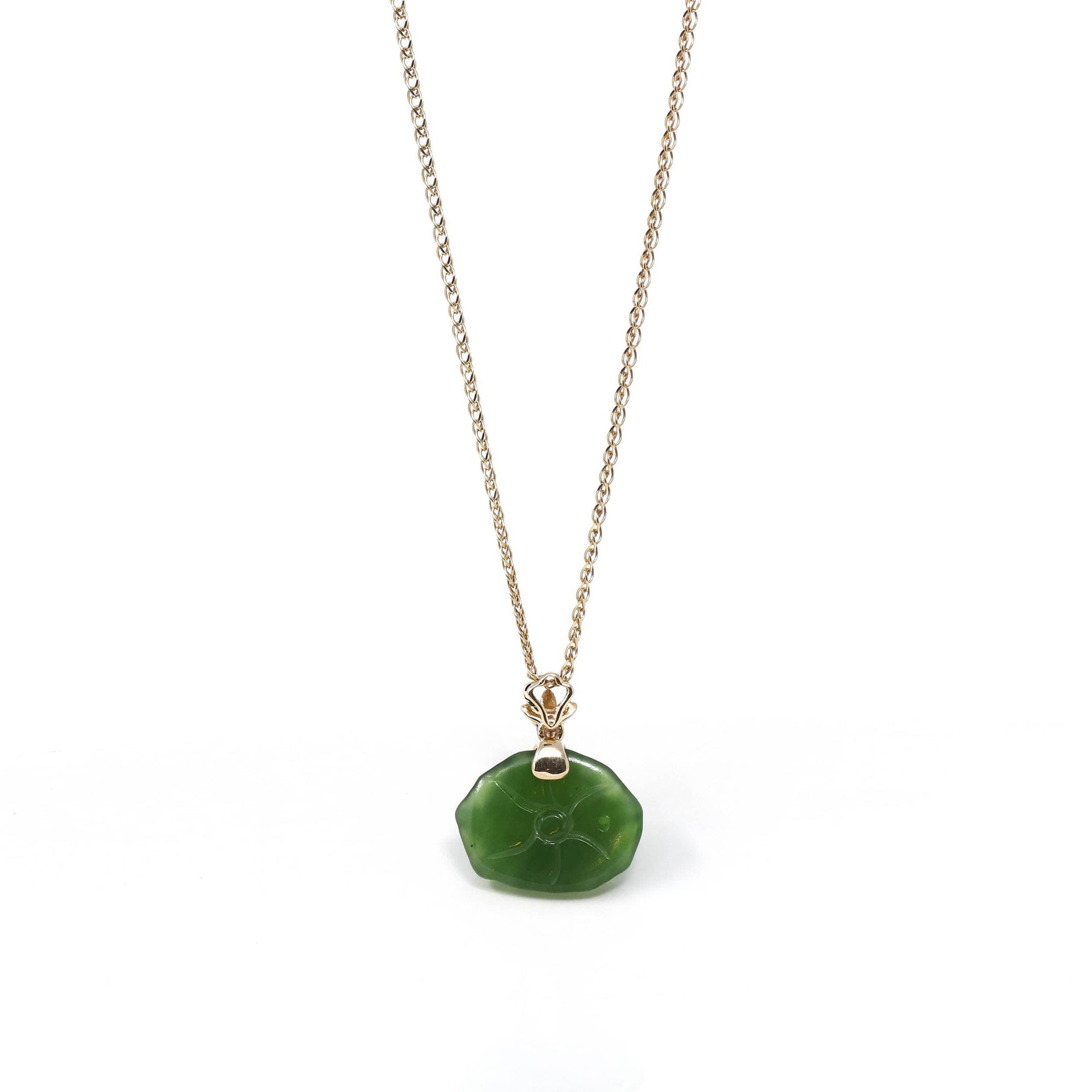 Baikalla Jewelry Gold Jade Necklace Baikalla™ : " Peony Flower " 18k Yellow Gold Genuine Nephrite Green Jade Pendant Necklace