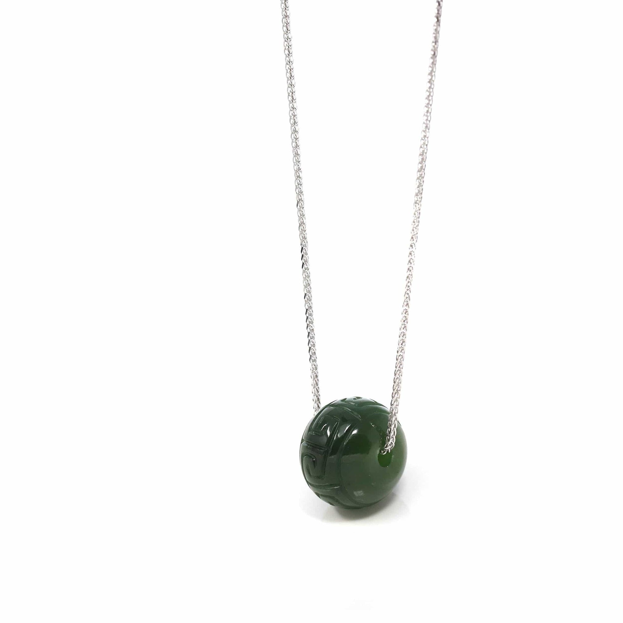 Baikalla Jewelry Jade Pendant Necklace Nephrite Green Jade Bead Pendant Necklace With Lucky Pattern