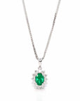 Baikalla Jewelry Gemstone Pendant Necklace Baikalla™ 18k White Gold AAA Emerald Round 4 Prong Set Necklace With VS1 Diamond Halo