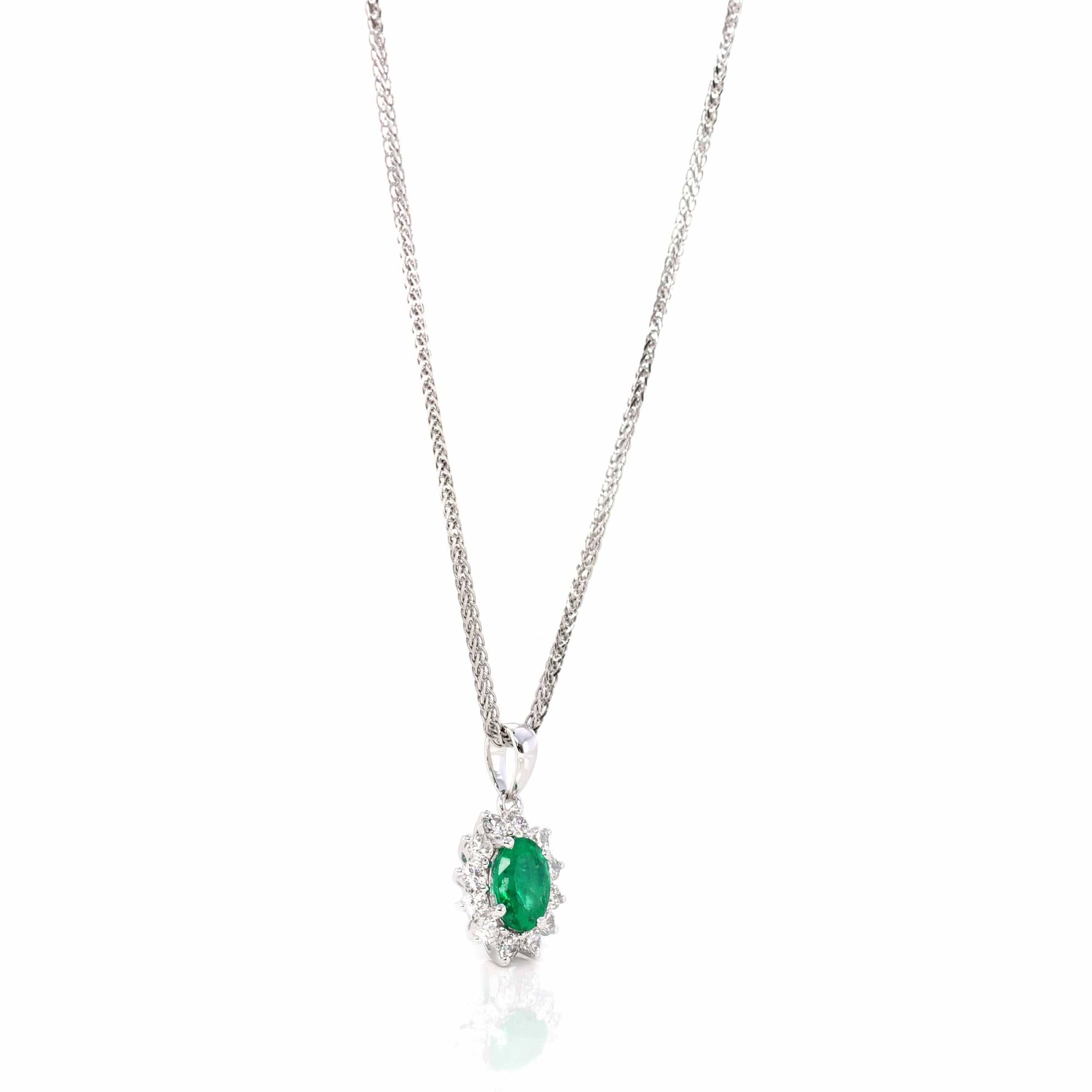 Baikalla Jewelry Gemstone Pendant Necklace Baikalla™ 18k White Gold AAA Emerald Round 4 Prong Set Necklace With VS1 Diamond Halo