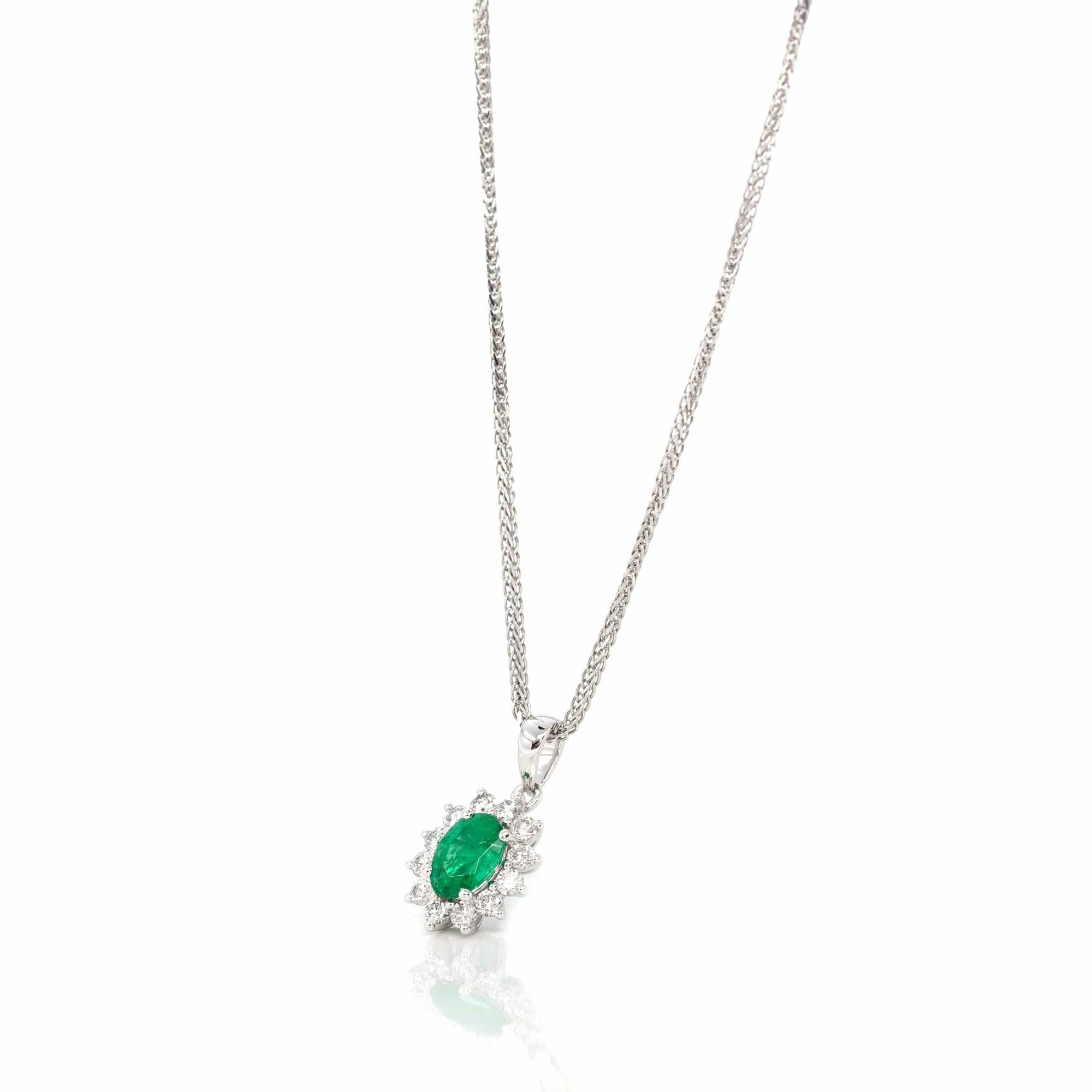 Baikalla Jewelry Gemstone Pendant Necklace Baikalla™ 18k White Gold AAA Emerald Round 4 Prong Set Necklace With VS1 Diamond Halo