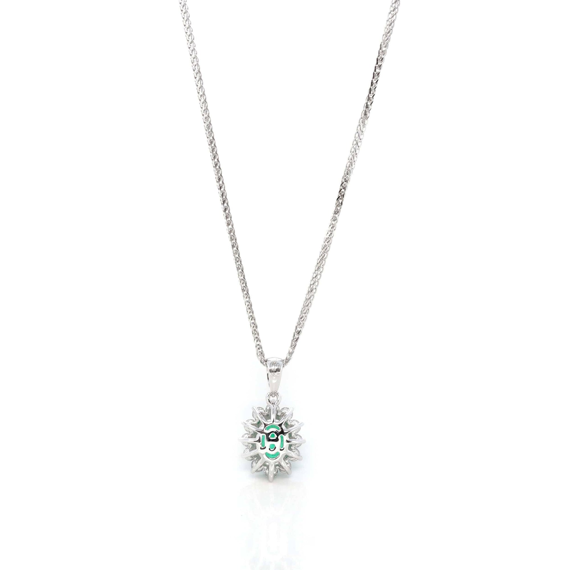 Baikalla Jewelry Gemstone Pendant Necklace Baikalla™ 18k White Gold AAA Emerald Round 4 Prong Set Necklace With VS1 Diamond Halo