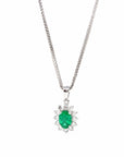 Baikalla Jewelry Gemstone Pendant Necklace Baikalla™ 18k White Gold AAA Emerald Round 4 Prong Set Necklace With VS1 Diamond Halo