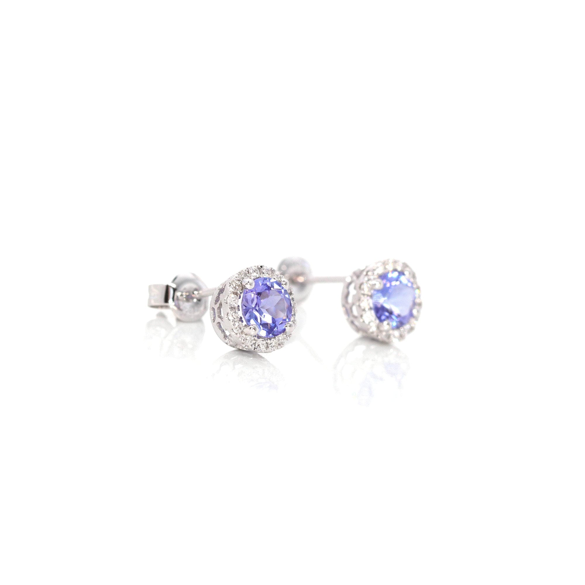 Baikalla Jewelry Gold Gemstone Earrings Baikalla 14k Classic White Gold Natural Round 1 CTTW Tanzanite Earrings w/Diamond Halo