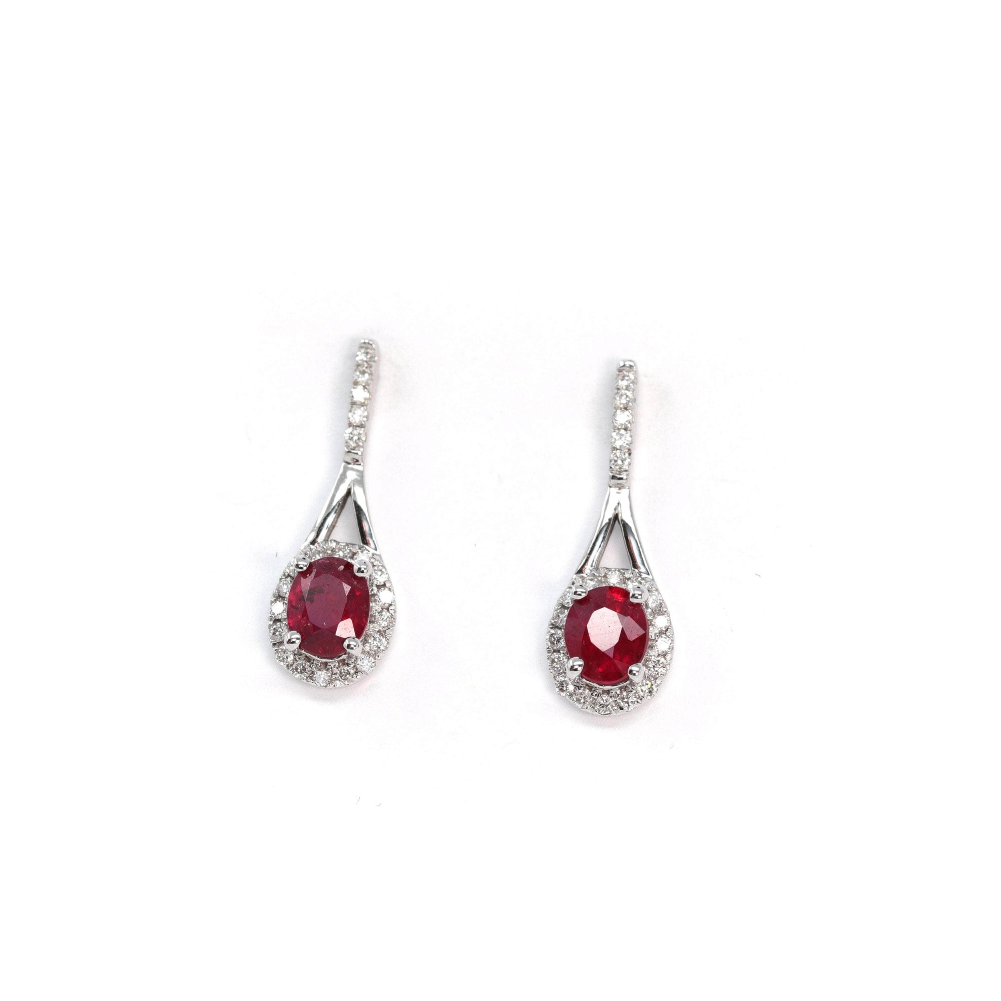 Baikalla Jewelry Gold Gemstone Earrings Baikalla 14k Classic White Gold Natural Ruby Teardrop Earrings w/Diamond Halo