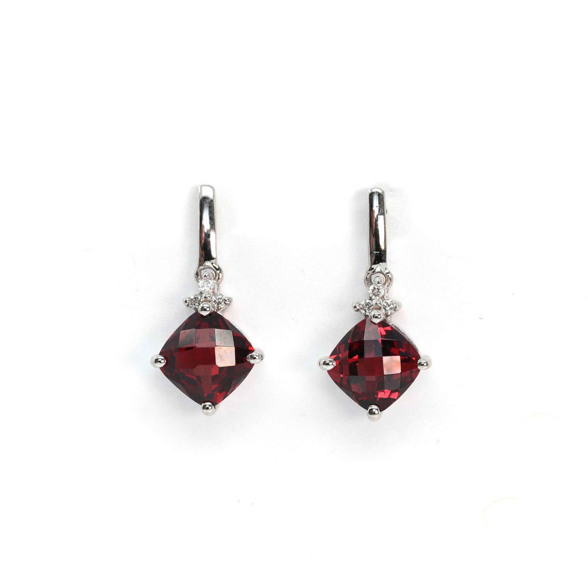 Baikalla Jewelry Gold Gemstone Earrings Baikalla 14k Classic White Gold Natural Garnet Cushion Cut Dangle 2 1/2 cttw Earrings w/Diamond Halo