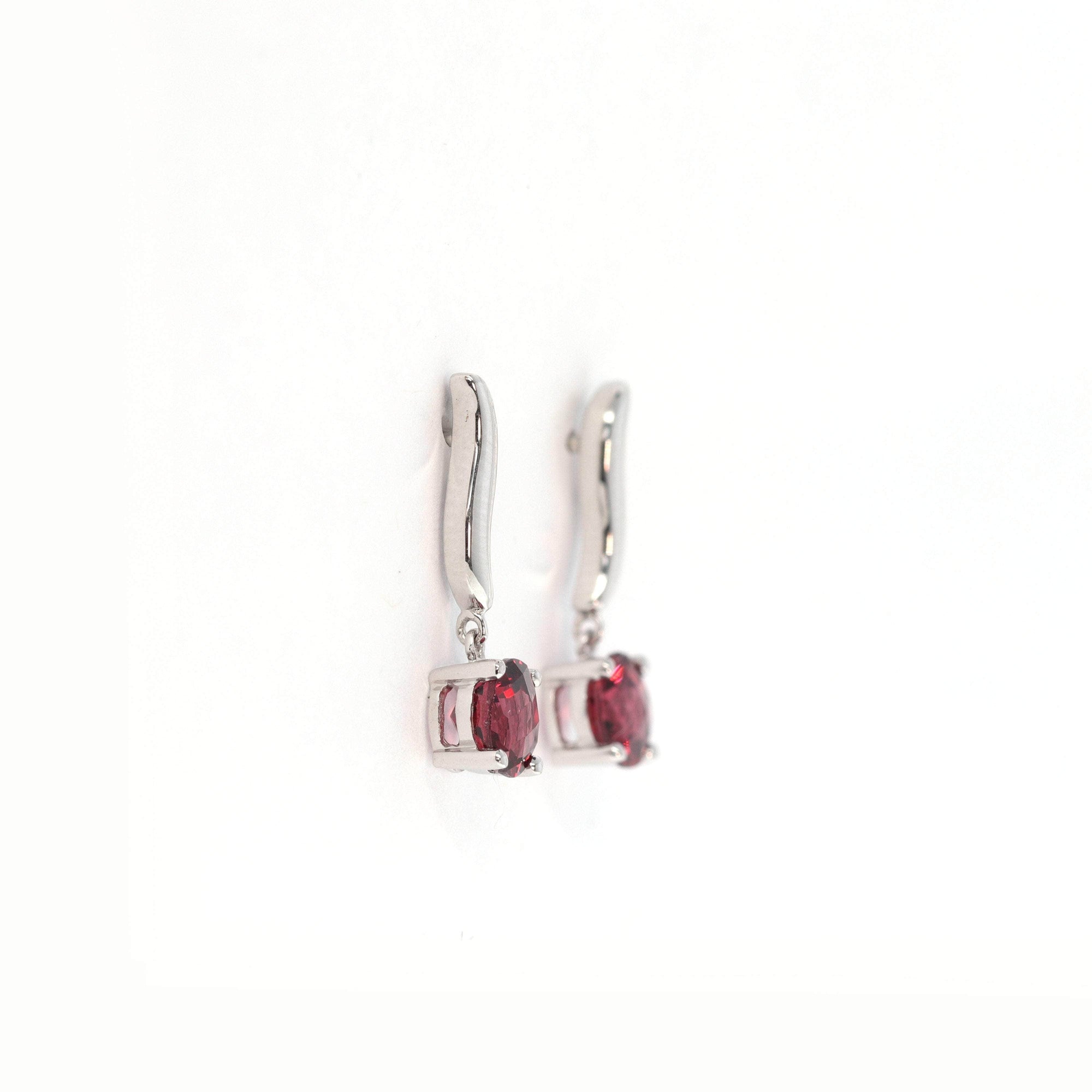 Baikalla Jewelry Gold Gemstone Earrings Baikalla 14k Classic White Gold Natural 5mm Round Garnet Dangle Earrings w/Diamond Halo