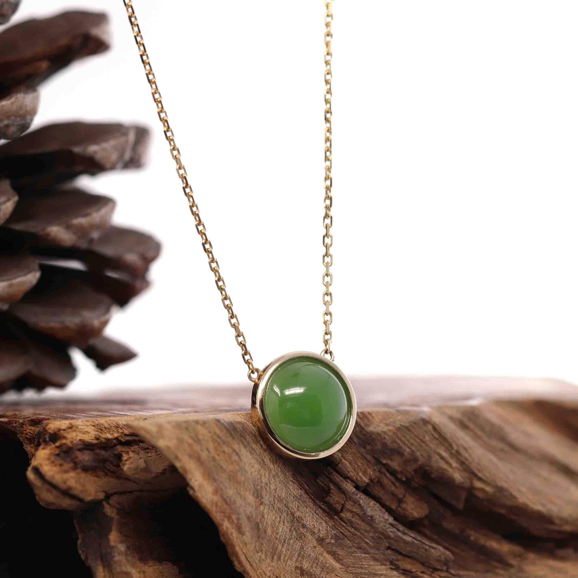 Baikalla Jewelry Gold Jade Pendant 14K Gold Genuine Very High-quality Green Apple Green Jade Circle Pendant Necklace