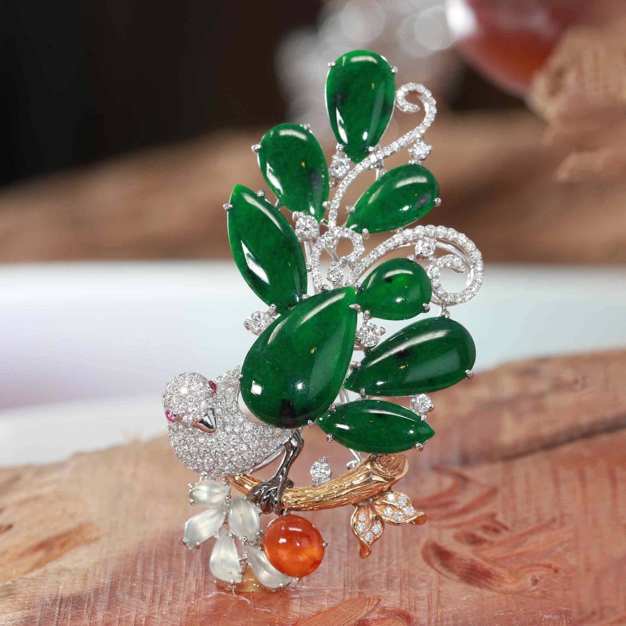 Baikalla Jewelry 18k Gold Jadeite Necklace "Bird on A Tree" Baikalla Jewelry Signature Neck-piece Brooch Necklace