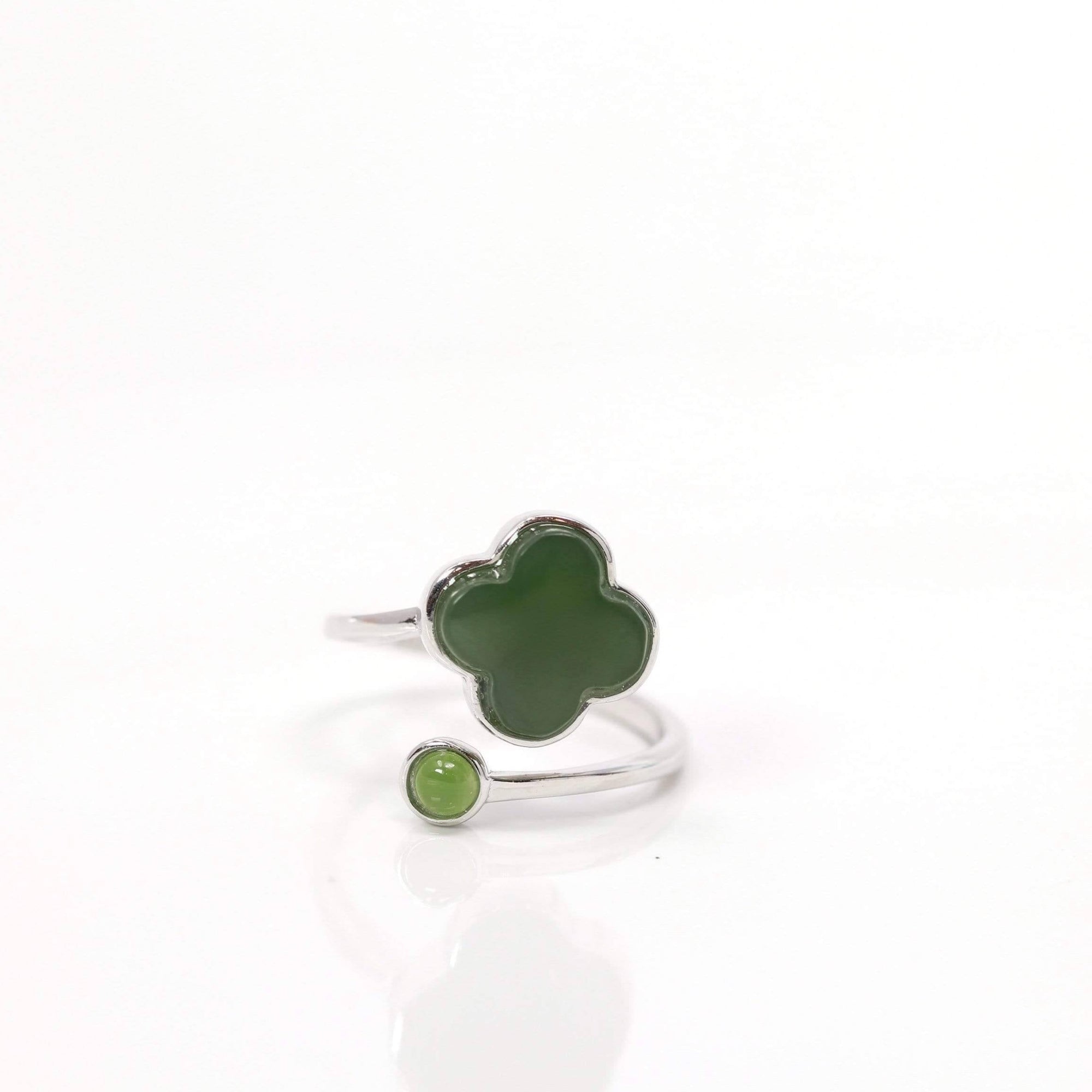 Baikalla Jewelry Silver Jade Pendant Necklace Baikalla™ Sterling Silver Real Green Nephrite Jade Lucky Four Leaf Clover Ring