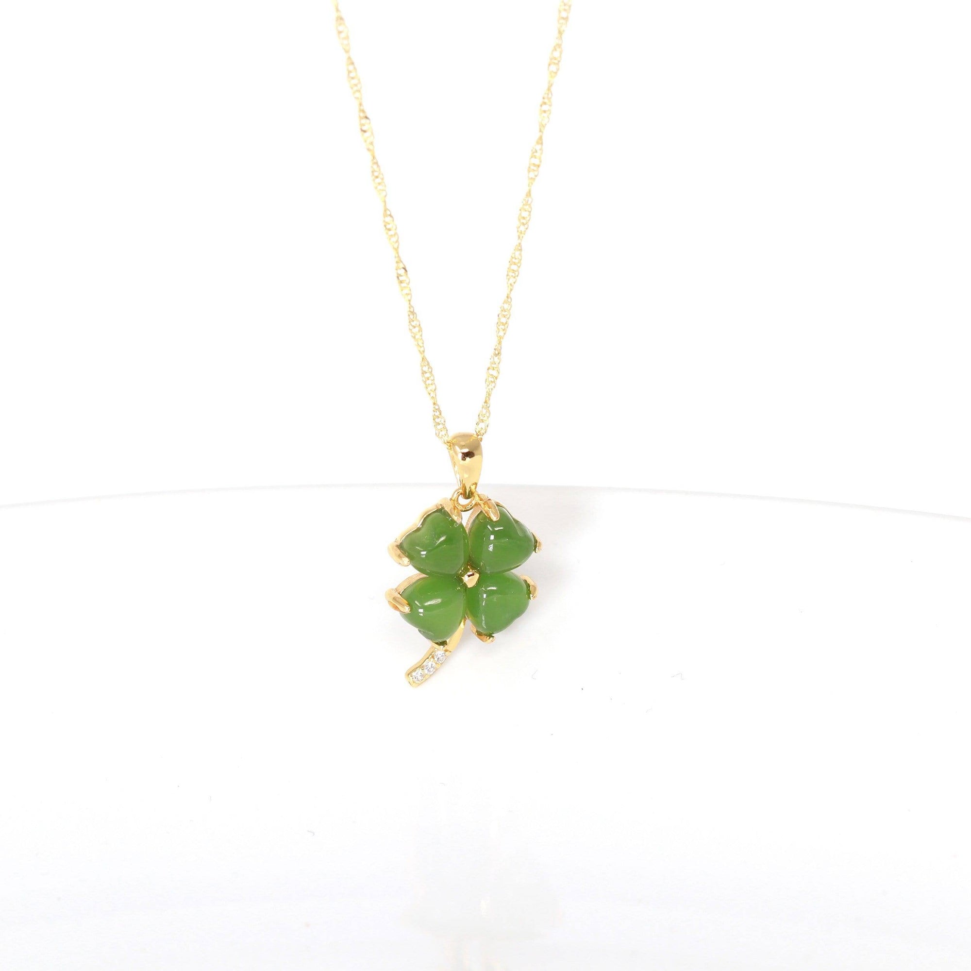 Baikalla Jewelry Silver Jade Pendant Necklace Baikalla™ Sterling Silver Real Green Nephrite Jade Four Leaf Clover Pendant Necklace