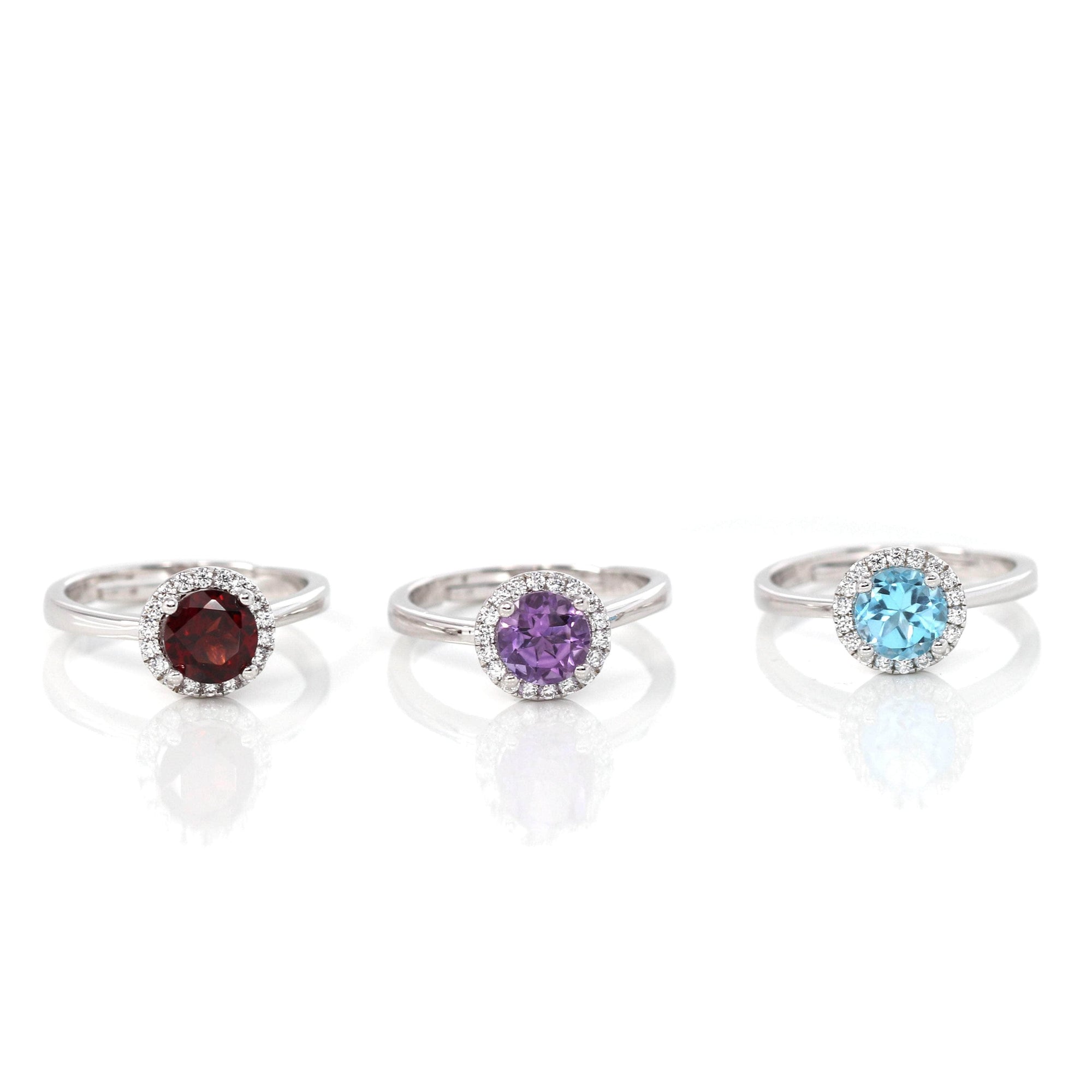 Baikalla Jewelry Sterling Silver Gemstone Ring Sterling Silver Round Swiss Blue Topaz, Amethyst, &amp; Garnet Rings