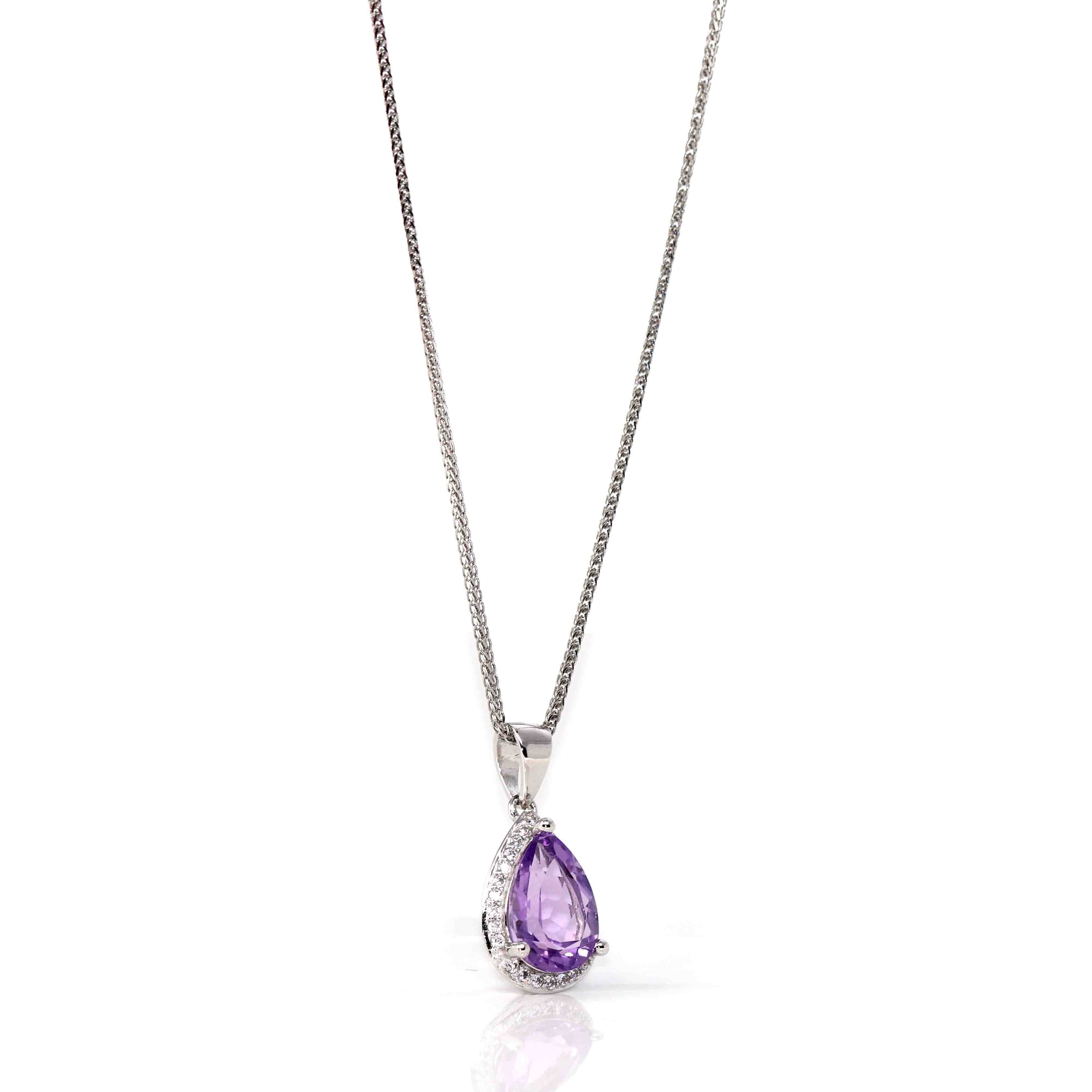 Baikalla Jewelry Silver Topaz Necklace Sterling Silver Natural Amethyst Tear drop Pendant Necklace With CZ