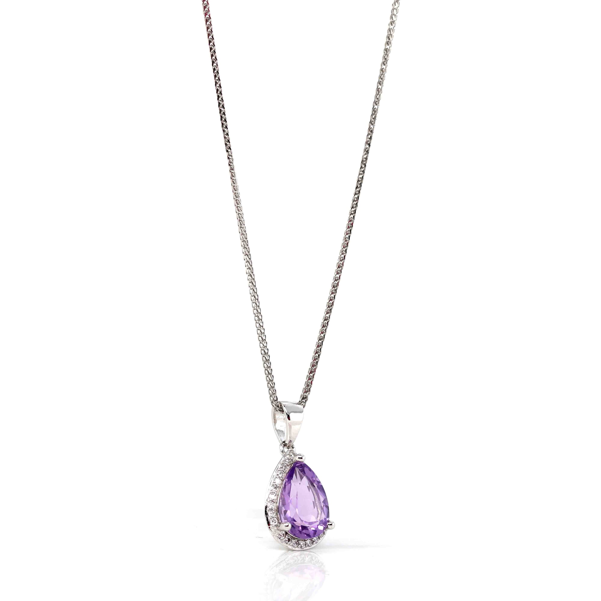 Baikalla Jewelry Silver Topaz Necklace Sterling Silver Natural Amethyst Tear drop Pendant Necklace With CZ