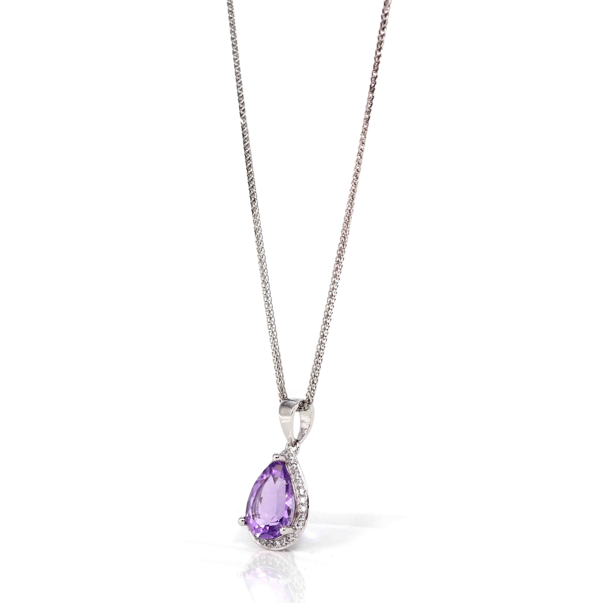 Baikalla Jewelry Silver Topaz Necklace Sterling Silver Natural Amethyst Tear drop Pendant Necklace With CZ