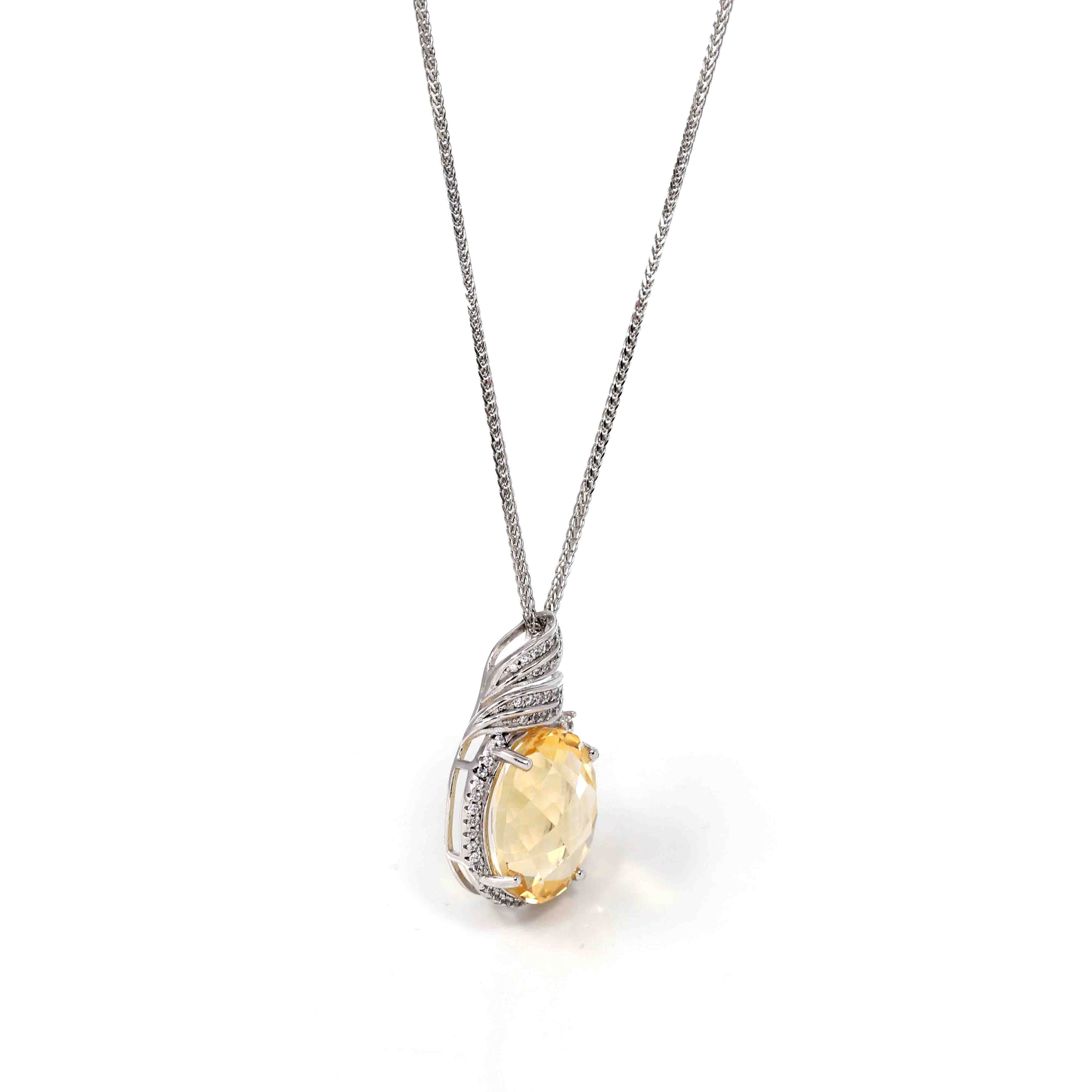 Baikalla Jewelry Silver Citrine Necklace Sterling Silver Natural Cushion Cut Citrine Necklace With CZ