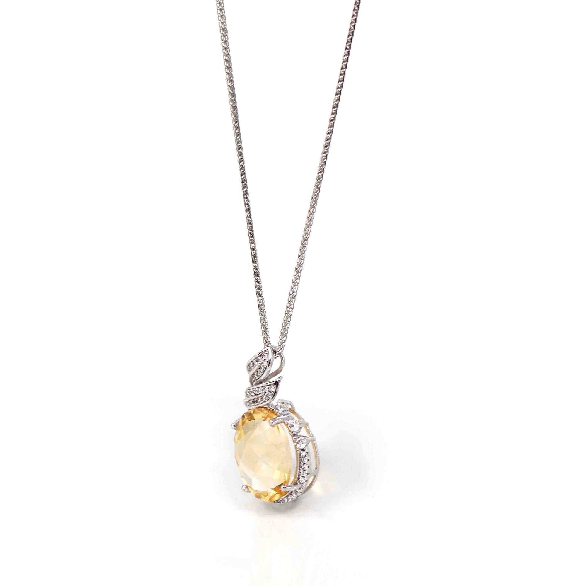 Baikalla Jewelry Silver Citrine Necklace Sterling Silver Natural Cushion Cut Citrine Necklace With CZ