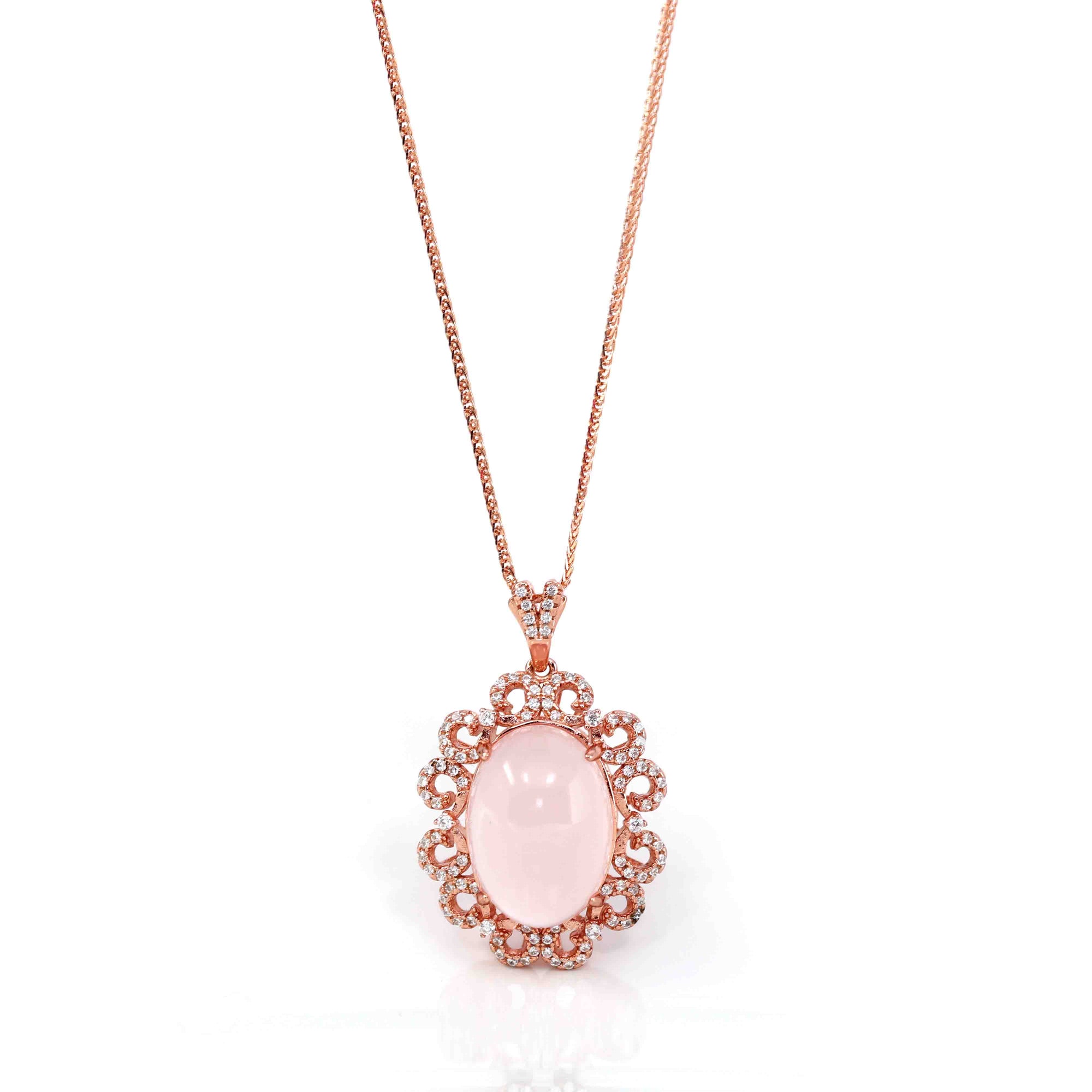 Baikalla Jewelry Silver Rose Quartz Necklace Sterling Silver Natural Cabochon Cut, Rose Quartz Luxury Necklace With CZ