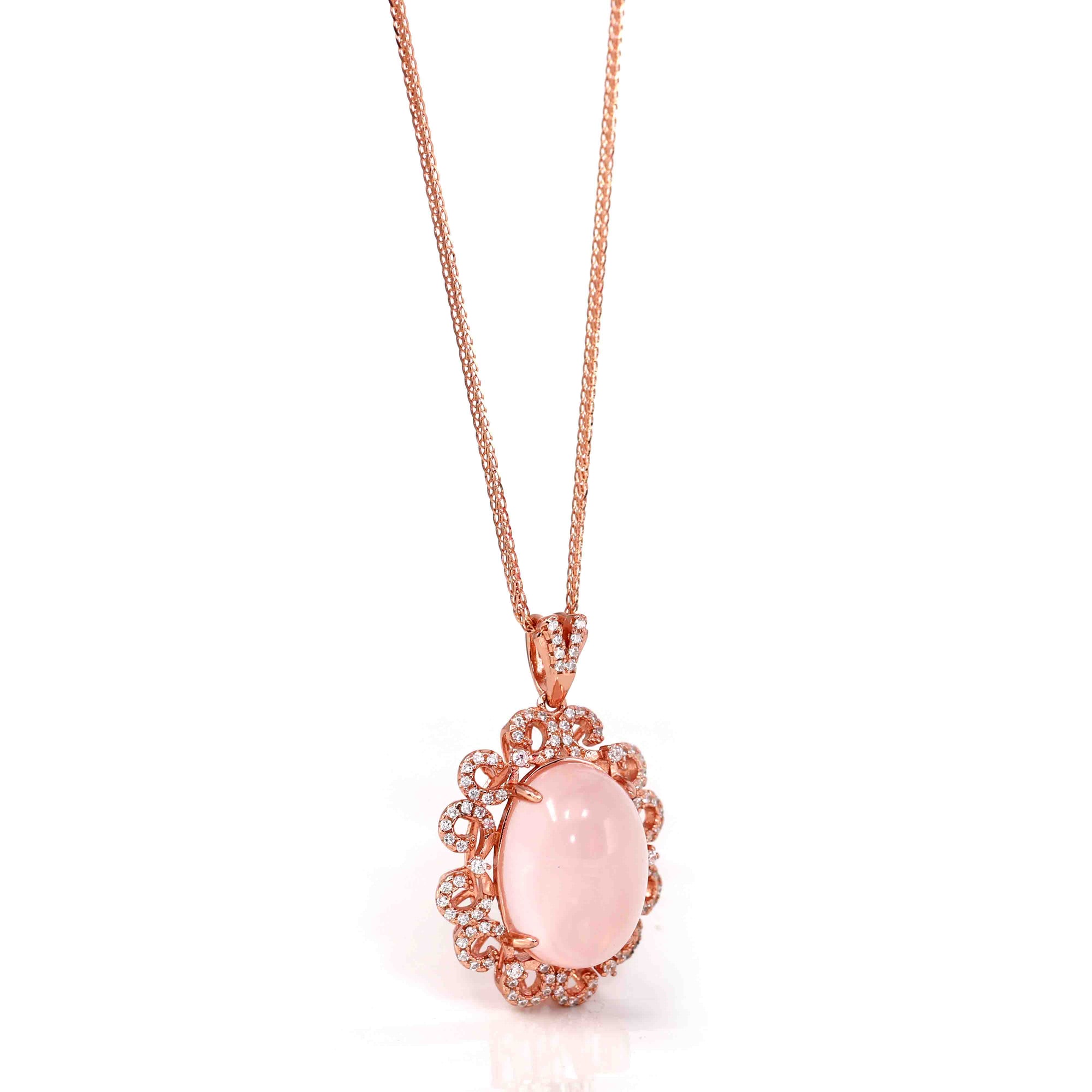 Baikalla Jewelry Silver Rose Quartz Necklace Sterling Silver Natural Cabochon Cut, Rose Quartz Luxury Necklace With CZ