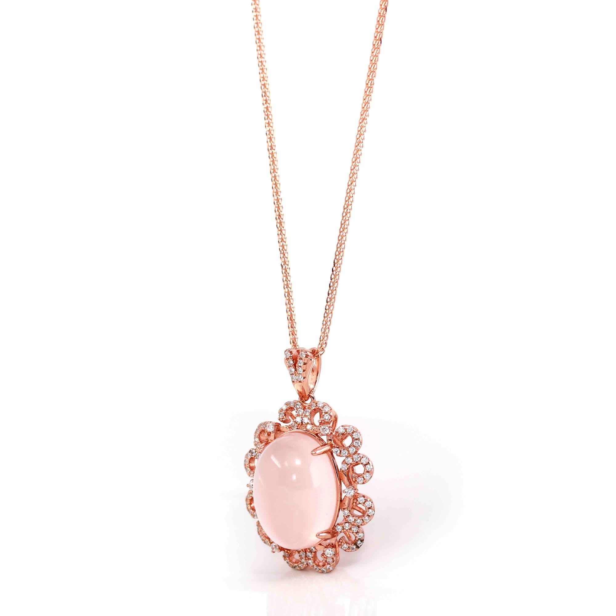 Baikalla Jewelry Silver Rose Quartz Necklace Sterling Silver Natural Cabochon Cut, Rose Quartz Luxury Necklace With CZ