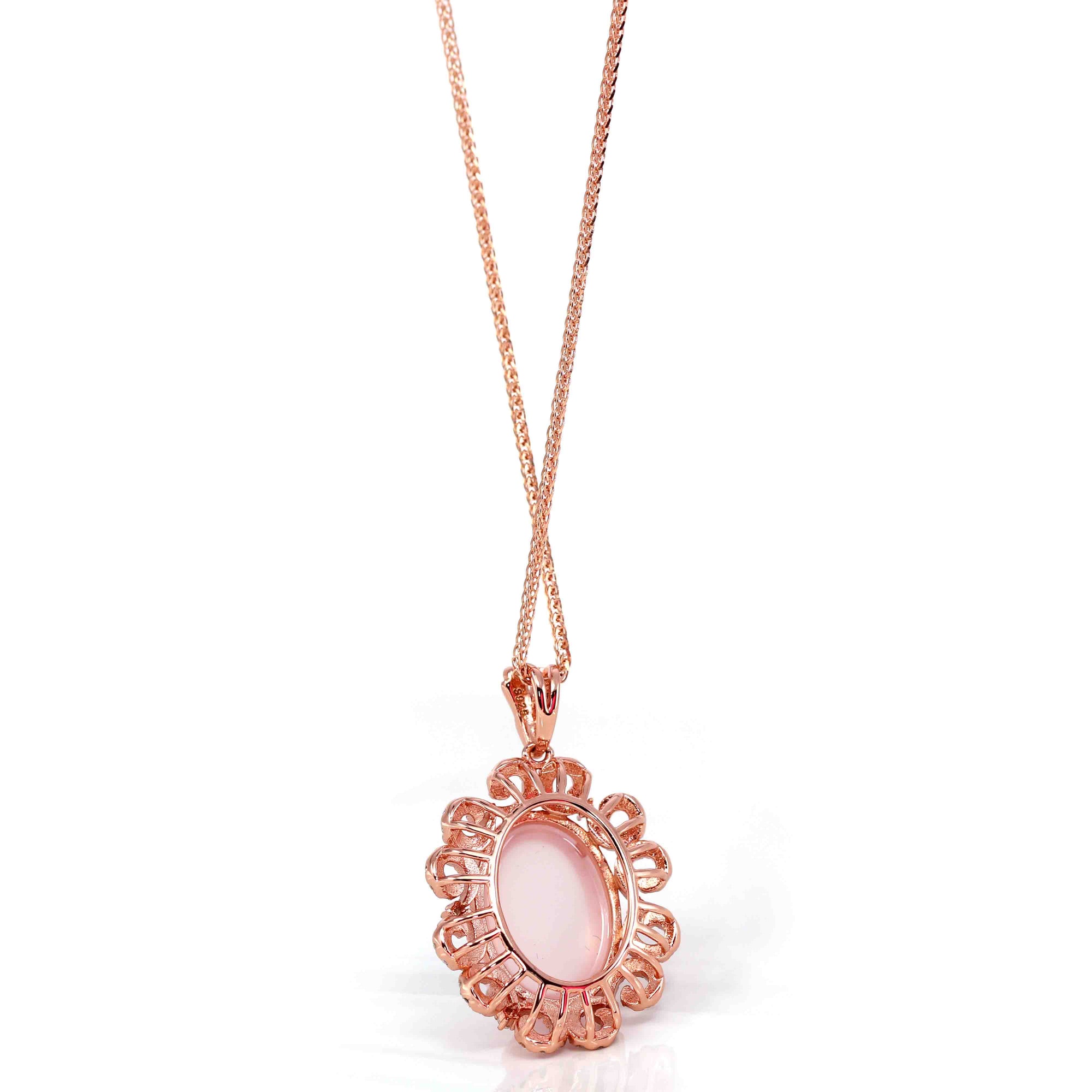 Baikalla Jewelry Silver Rose Quartz Necklace Sterling Silver Natural Cabochon Cut, Rose Quartz Luxury Necklace With CZ