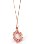 Baikalla Jewelry Silver Rose Quartz Necklace Sterling Silver Natural Cabochon Cut, Rose Quartz Luxury Necklace With CZ