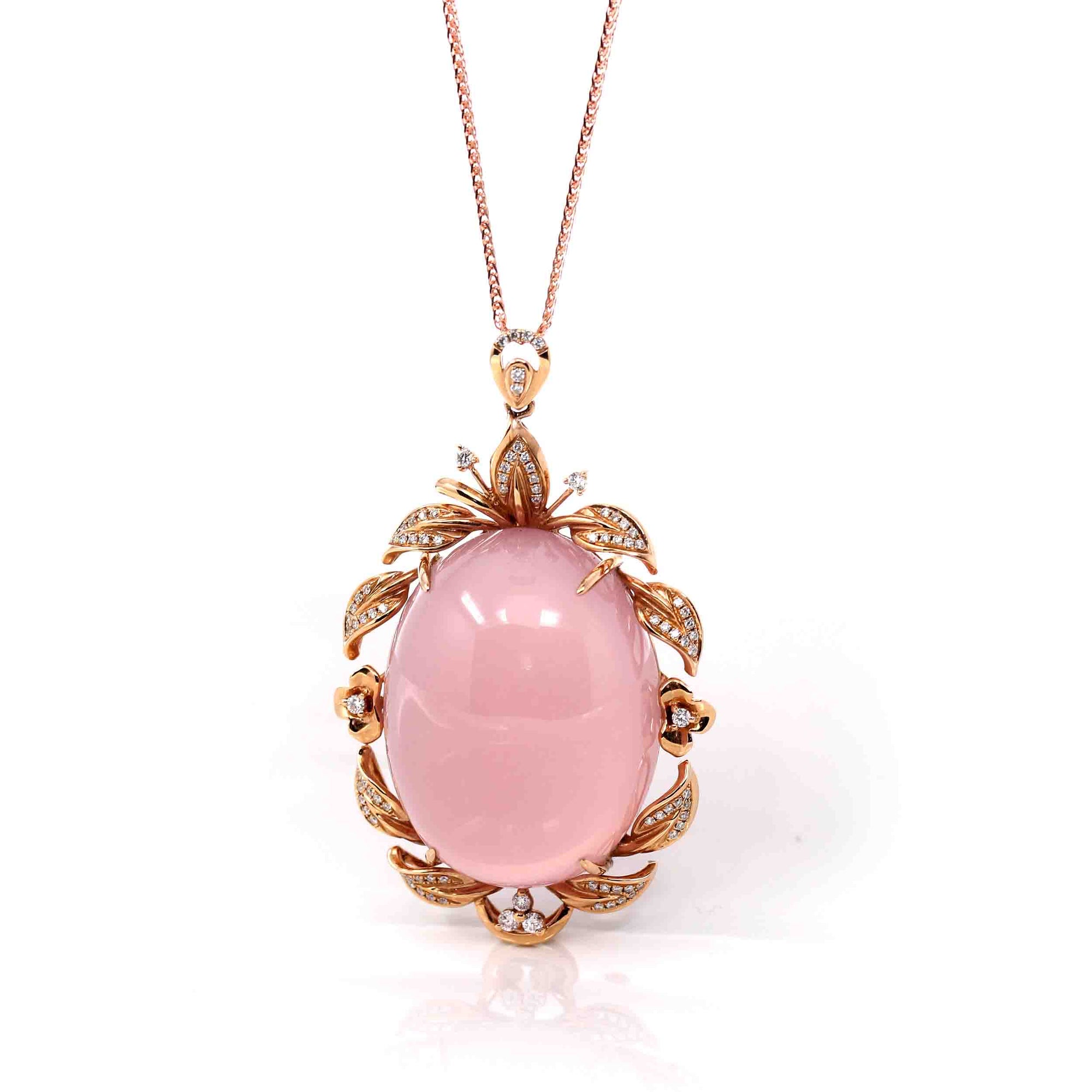 Baikalla Jewelry Gemstone Pendant Necklace 18k Rose Gold Royal Rose Quartz Pendant Necklace with Diamonds