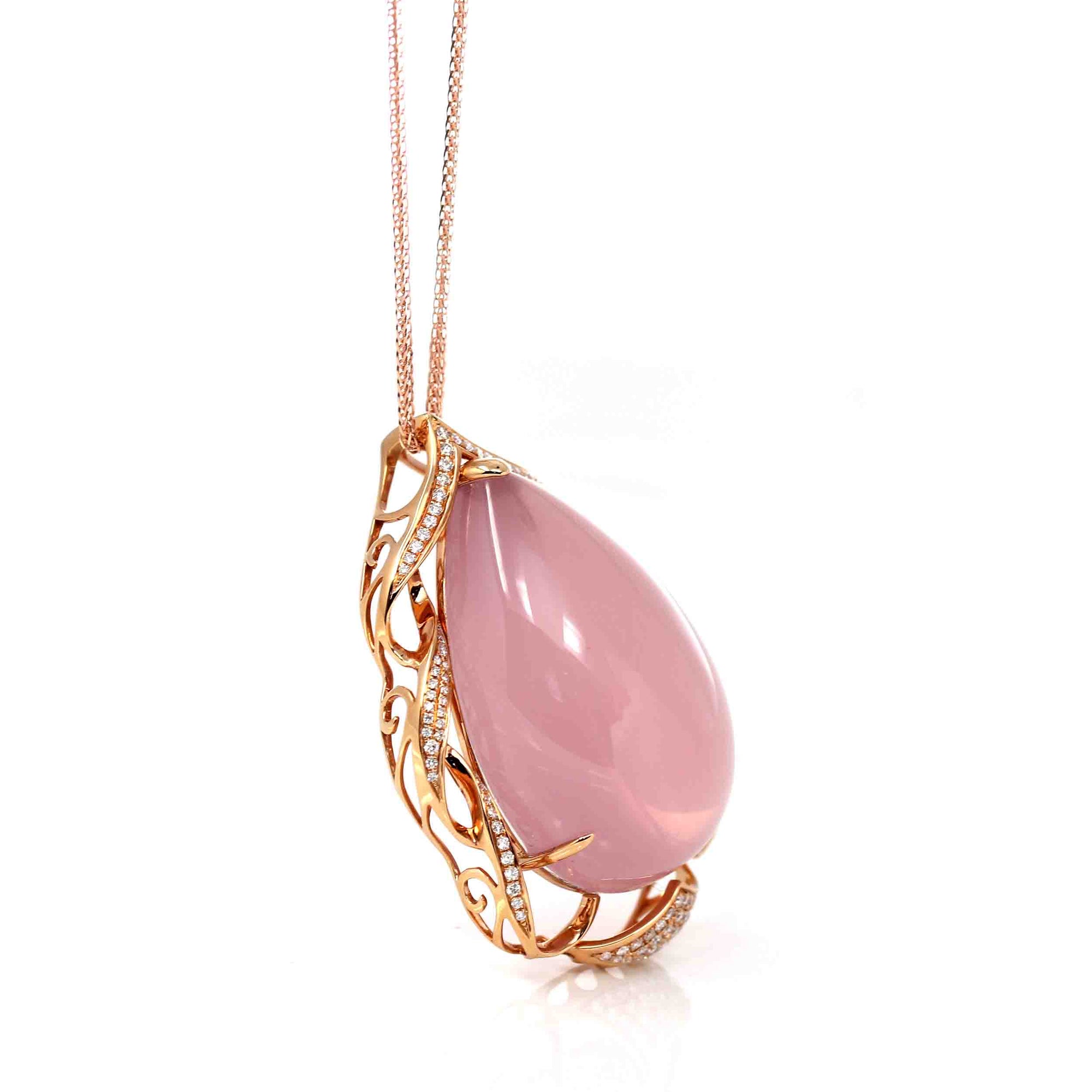 Baikalla Jewelry Rose Quartz Necklace 18k Rose Gold Royal Rose Quartz Pendant Necklace with Diamonds