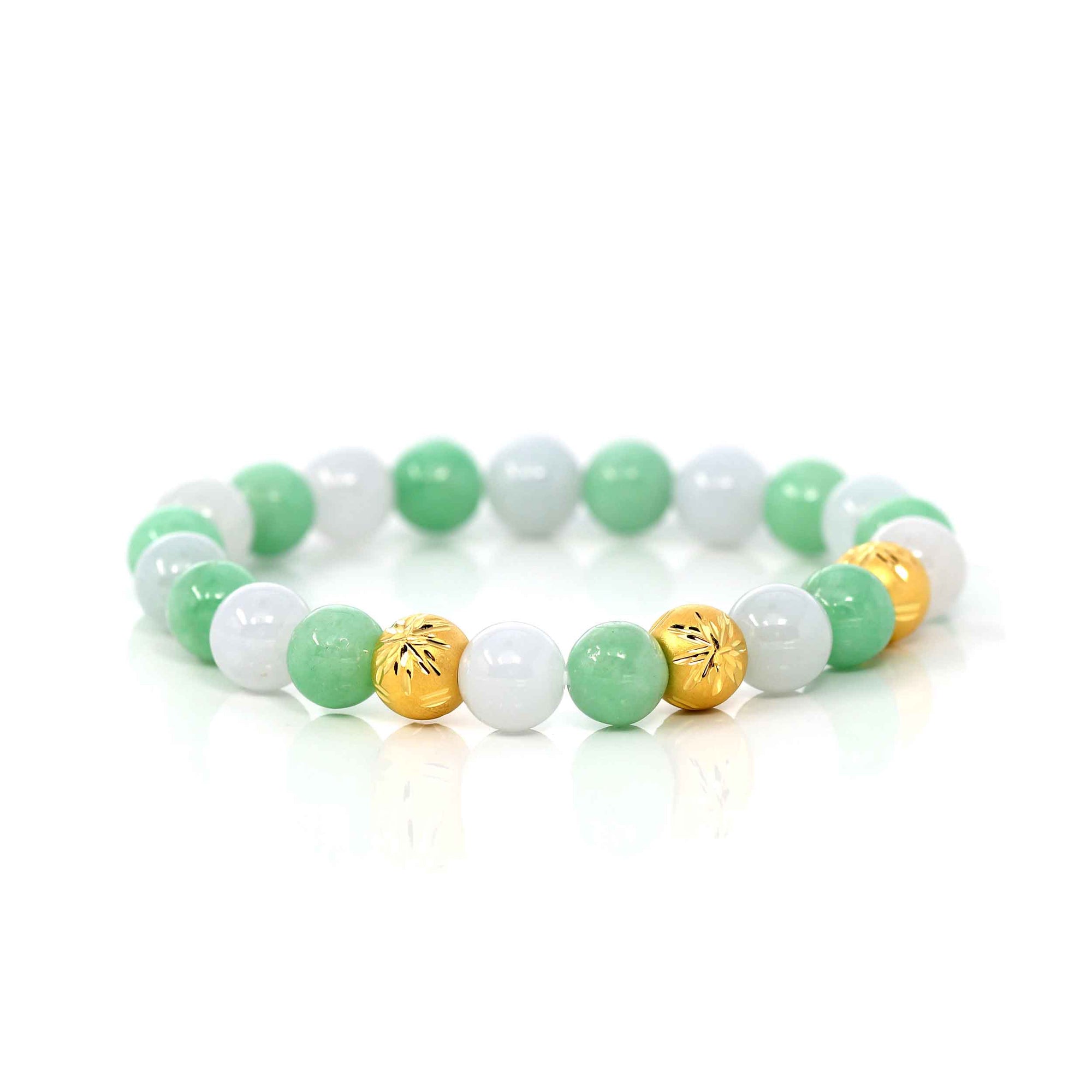 Baikalla Jewelry jade beads bracelet 24K Pure Yellow Gold Star Beads With Genuine Green Jade Round Beads Bracelet ( 9 mm )