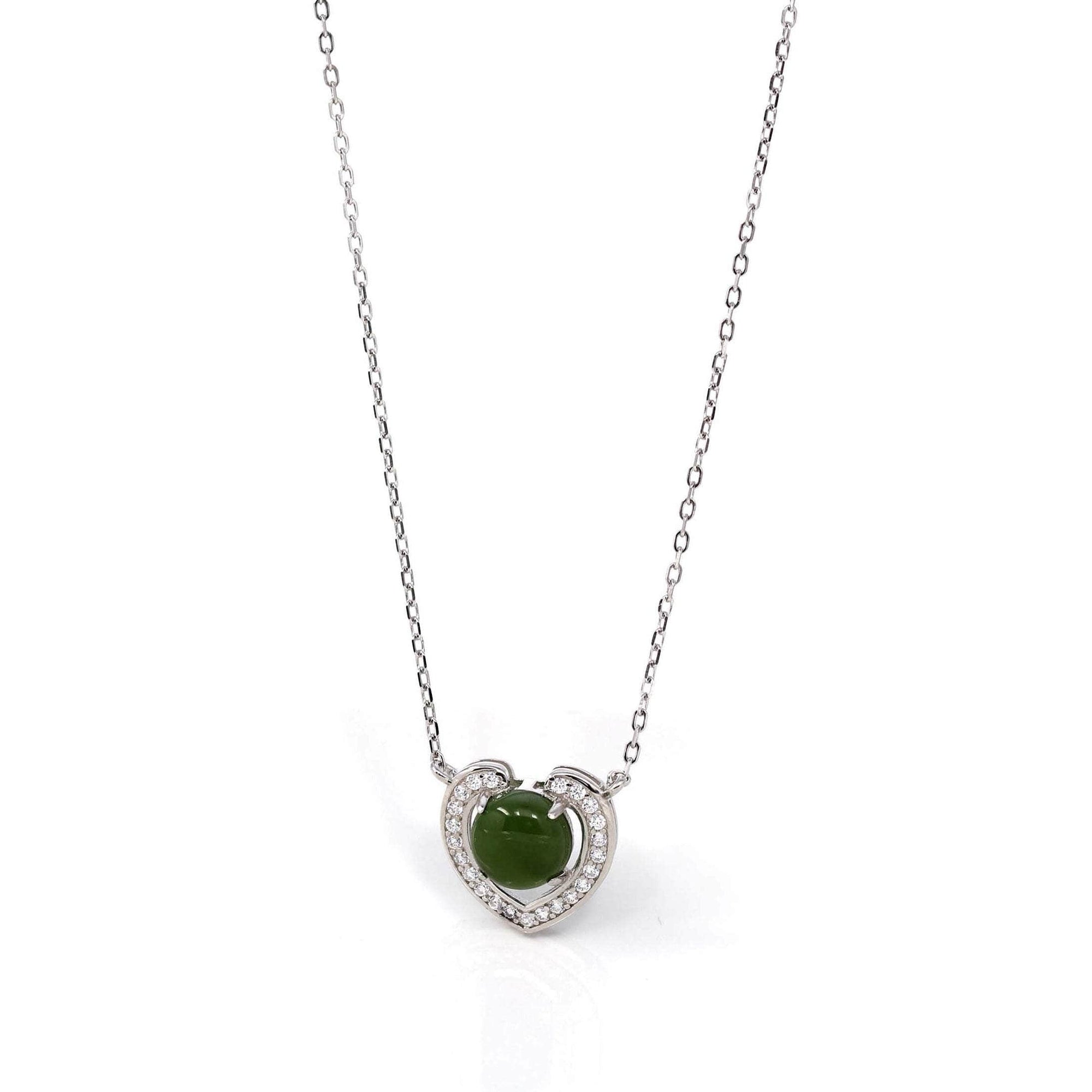 Baikalla Jewelry Silver Jade Pendant Necklace Baikalla™ Sterling Silver Real Green Nephrite Jade Love Pendant Necklace With CZ