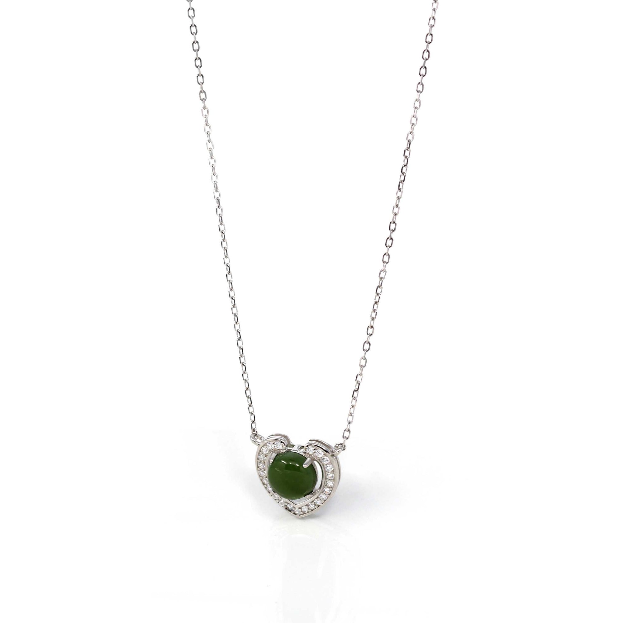 Baikalla Jewelry Silver Jade Pendant Necklace Baikalla™ Sterling Silver Real Green Nephrite Jade Love Pendant Necklace With CZ