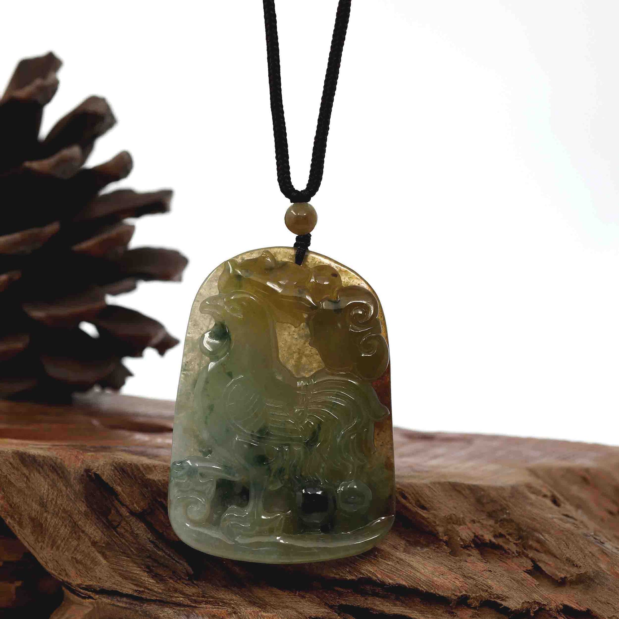 Baikalla Jewelry Jade Carving Necklace Natural Honey Yellow Jadeite Jade "Rooster" Pendant Necklace For Men, Collectibles.