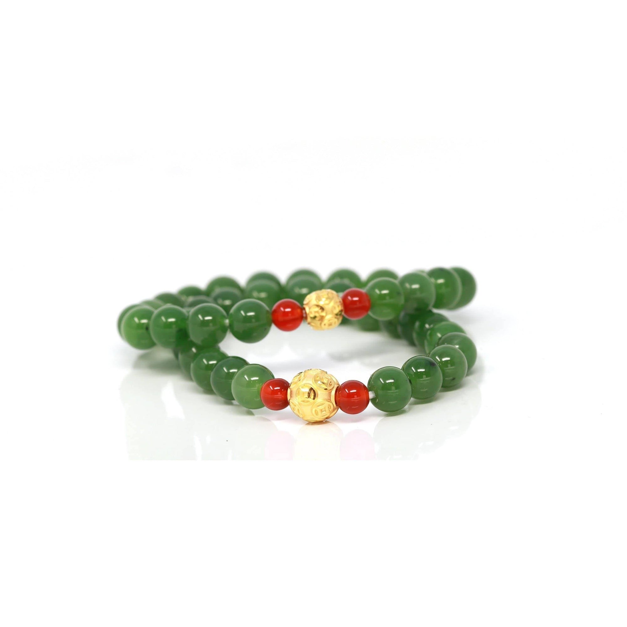 Baikalla Jewelry jade beads bracelet 24K Pure Yellow Gold Money Beads With Genuine Green Jade Round Beads Bracelet Bangle ( 8 mm )