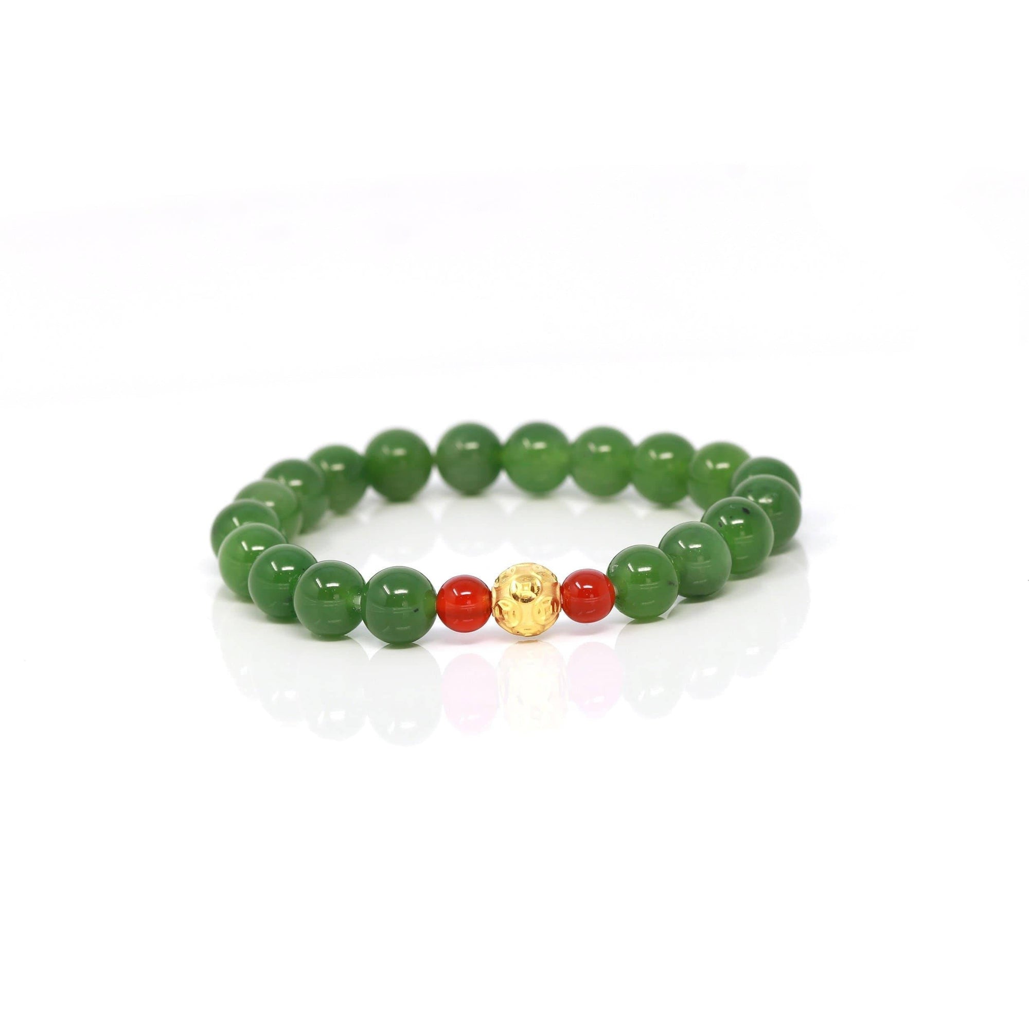 Baikalla Jewelry jade beads bracelet 24K Pure Yellow Gold Money Beads With Genuine Green Jade Round Beads Bracelet Bangle ( 8 mm )