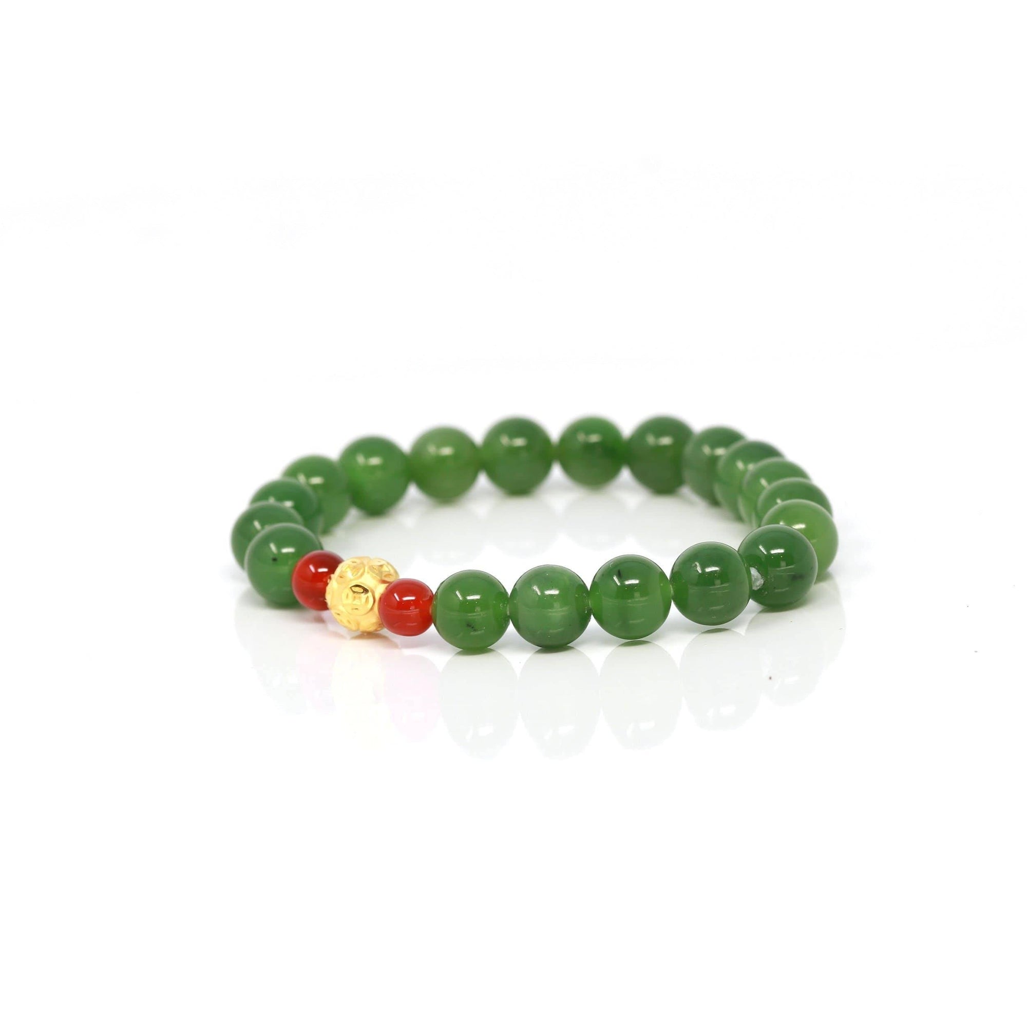 Baikalla Jewelry jade beads bracelet 24K Pure Yellow Gold Money Beads With Genuine Green Jade Round Beads Bracelet Bangle ( 8 mm )