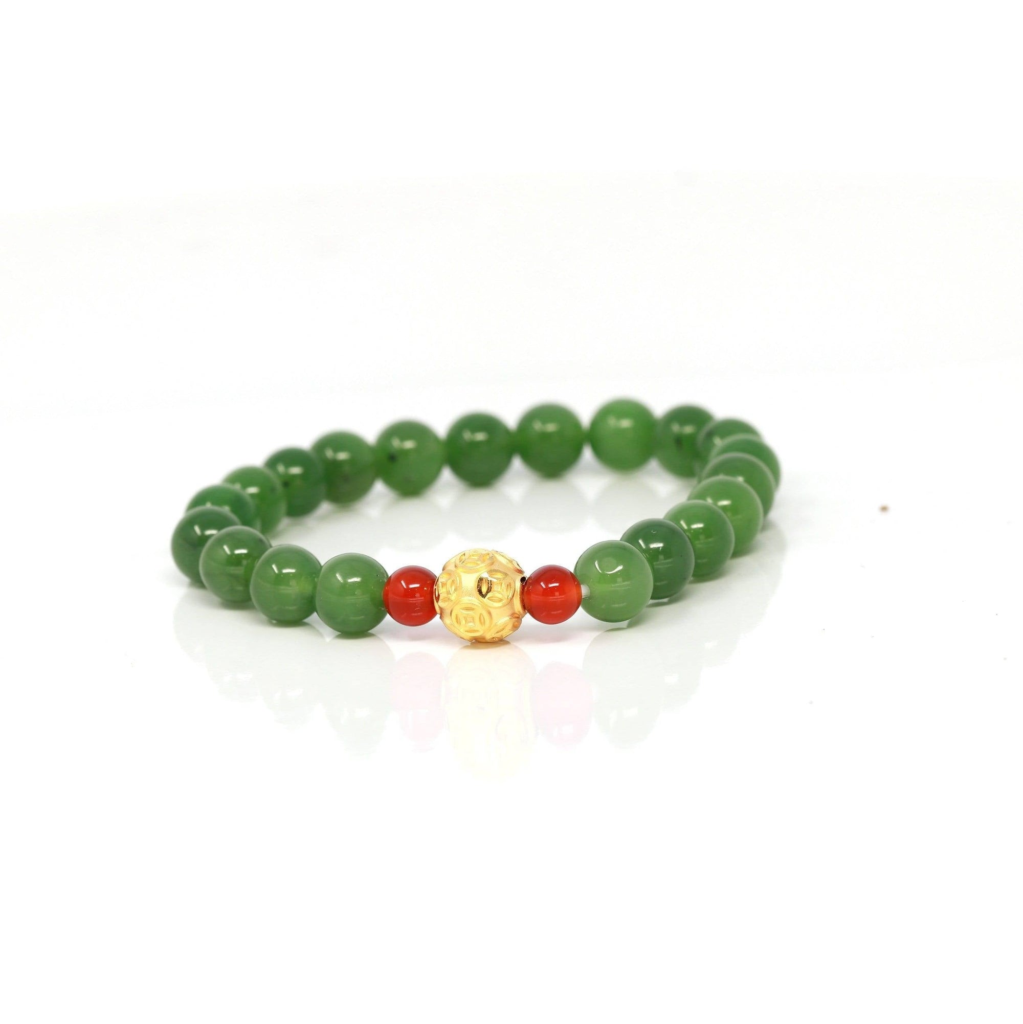 Baikalla Jewelry jade beads bracelet 24K Pure Yellow Gold Money Beads With Genuine Green Jade Round Beads Bracelet Bangle ( 8 mm )