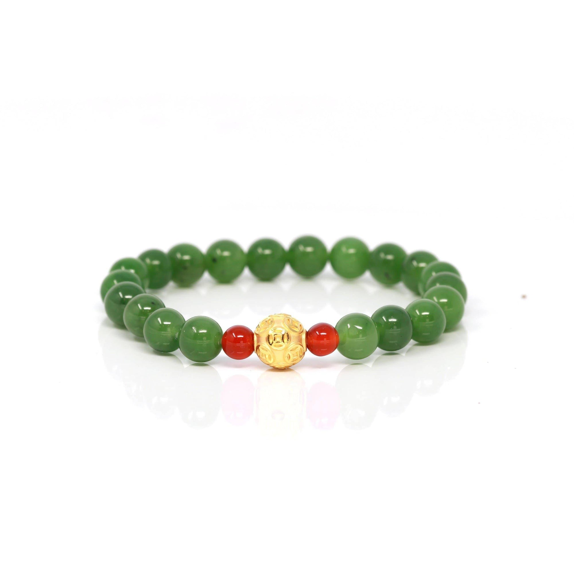 Baikalla Jewelry jade beads bracelet 24K Pure Yellow Gold Money Bead With Genuine Green Jade Round Beads Bracelet Bangle ( 8 mm )