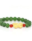 Baikalla Jewelry jade beads bracelet 6 inches / Pixiu S 24K Pure Yellow Gold PiXiu With Genuine Green Jade Round Beads Bracelet Bangle ( 8 mm )