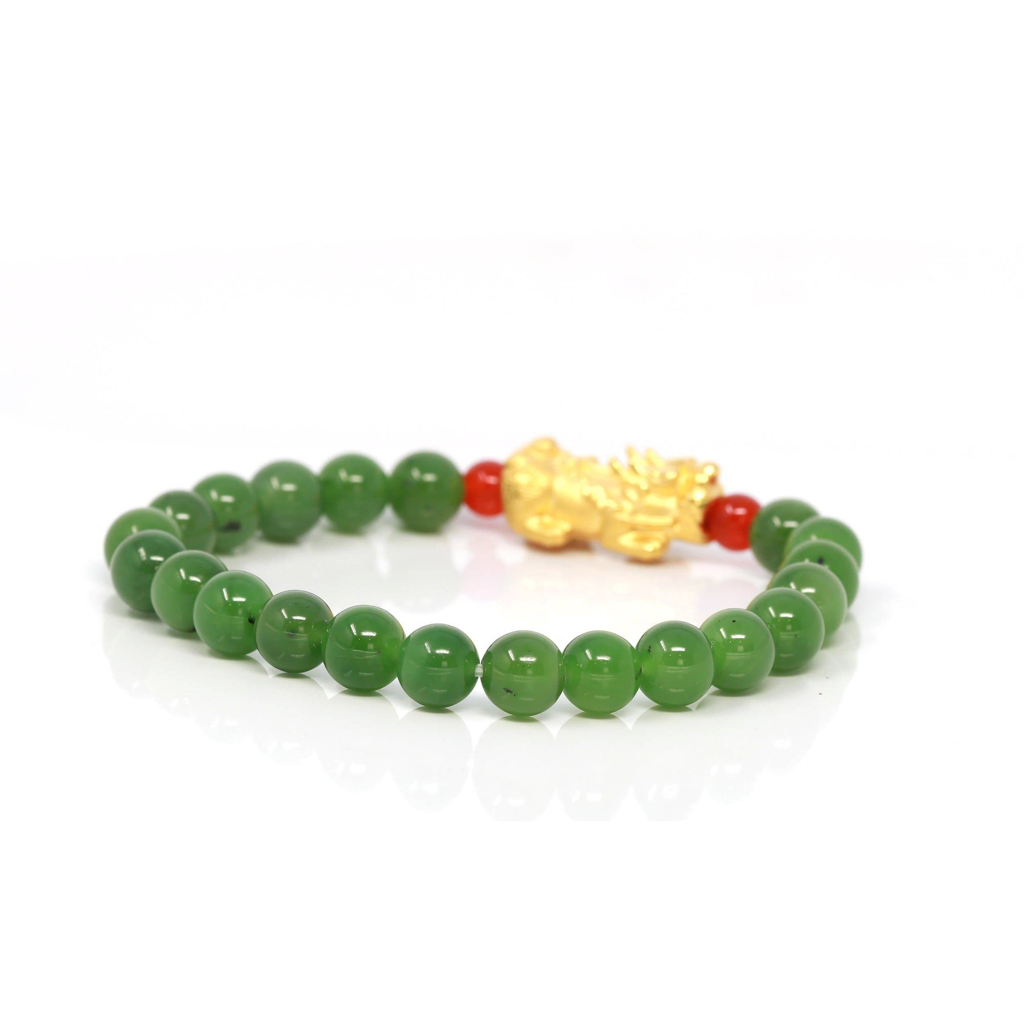 Baikalla Jewelry jade beads bracelet 24K Pure Yellow Gold PiXiu With Genuine Green Jade Round Beads Bracelet Bangle ( 8 mm )